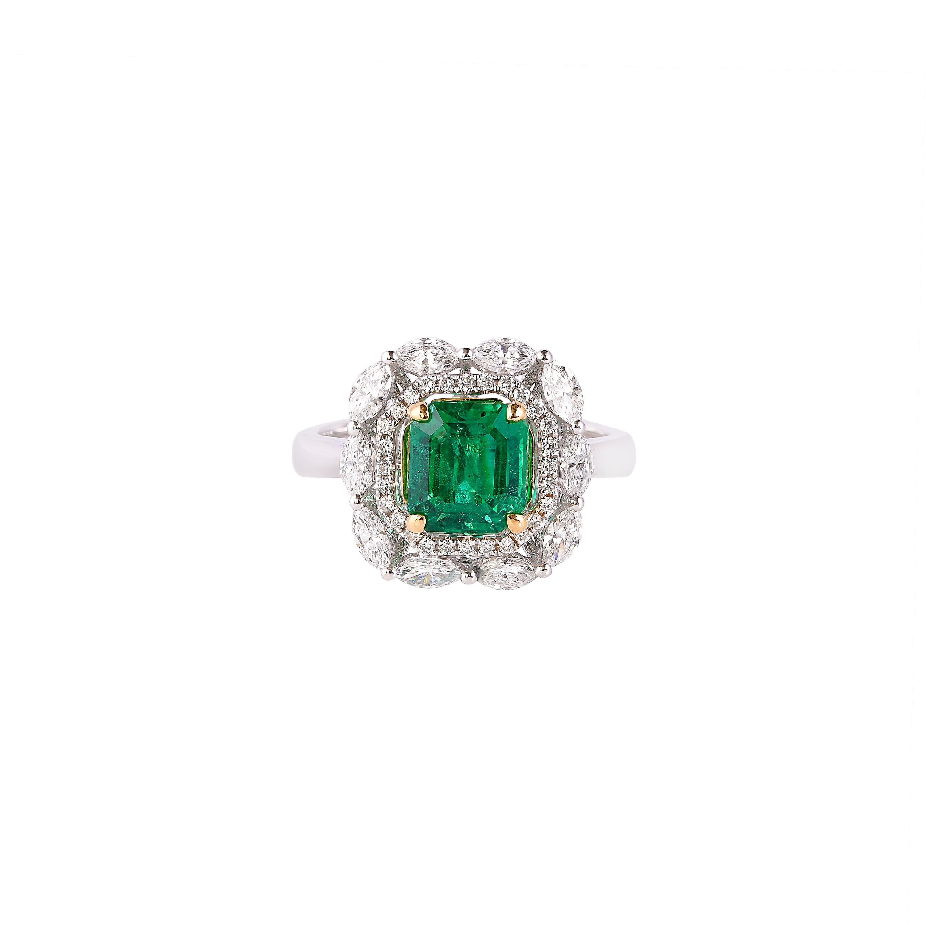 Women's GRS Certified 1.9 Carat Zambian Emerald and Diamond Ring in 18 Karat White Gold For Sale