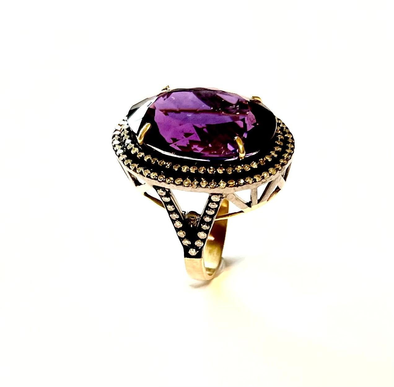 Artisan Amethyst 19 Carats with Pave Diamonds Ring For Sale