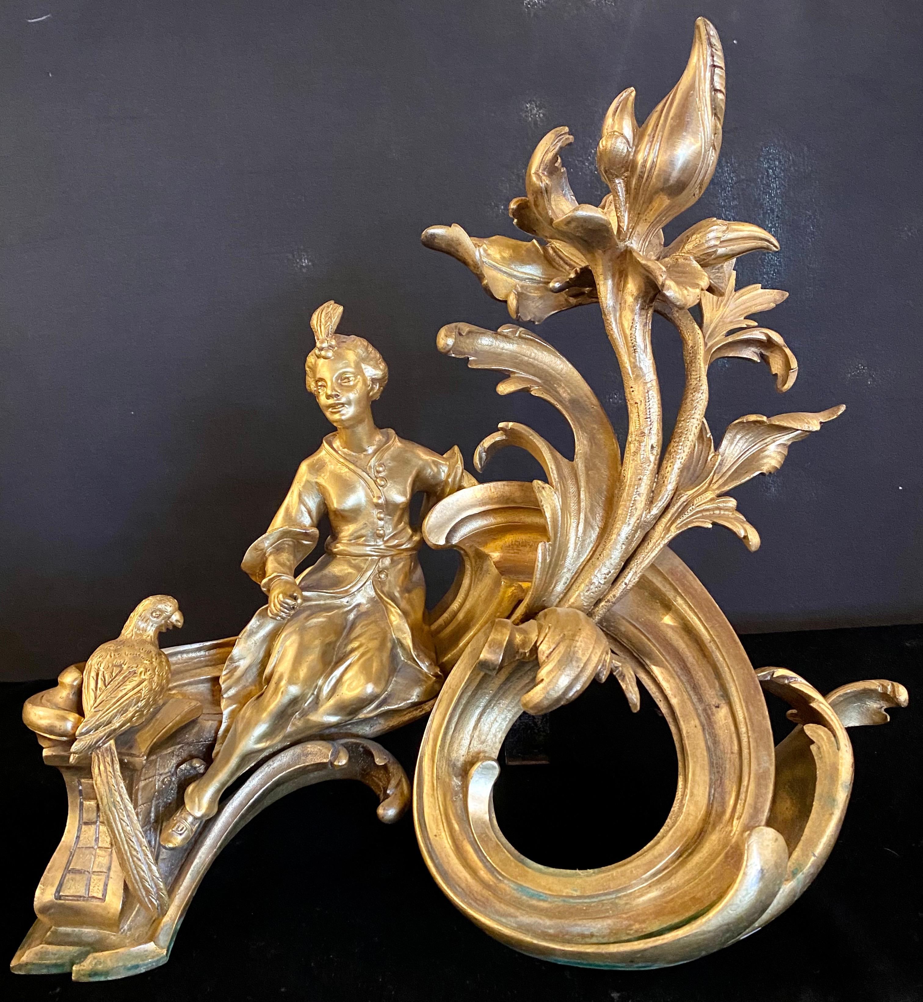 Belle Époque 19th Century Pair of Dore Bronze Chenets Andirons Signed Bird with Man and Woman