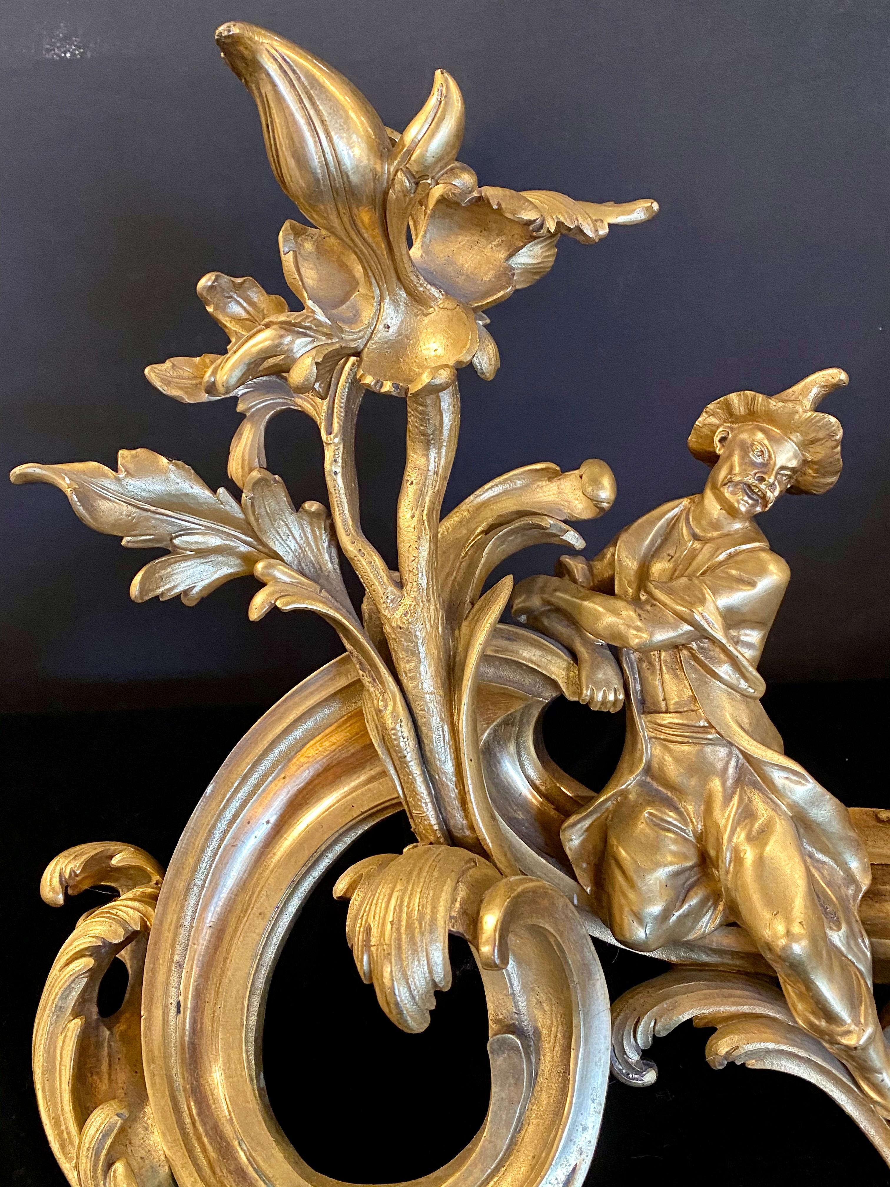 French 19th Century Pair of Dore Bronze Chenets Andirons Signed Bird with Man and Woman