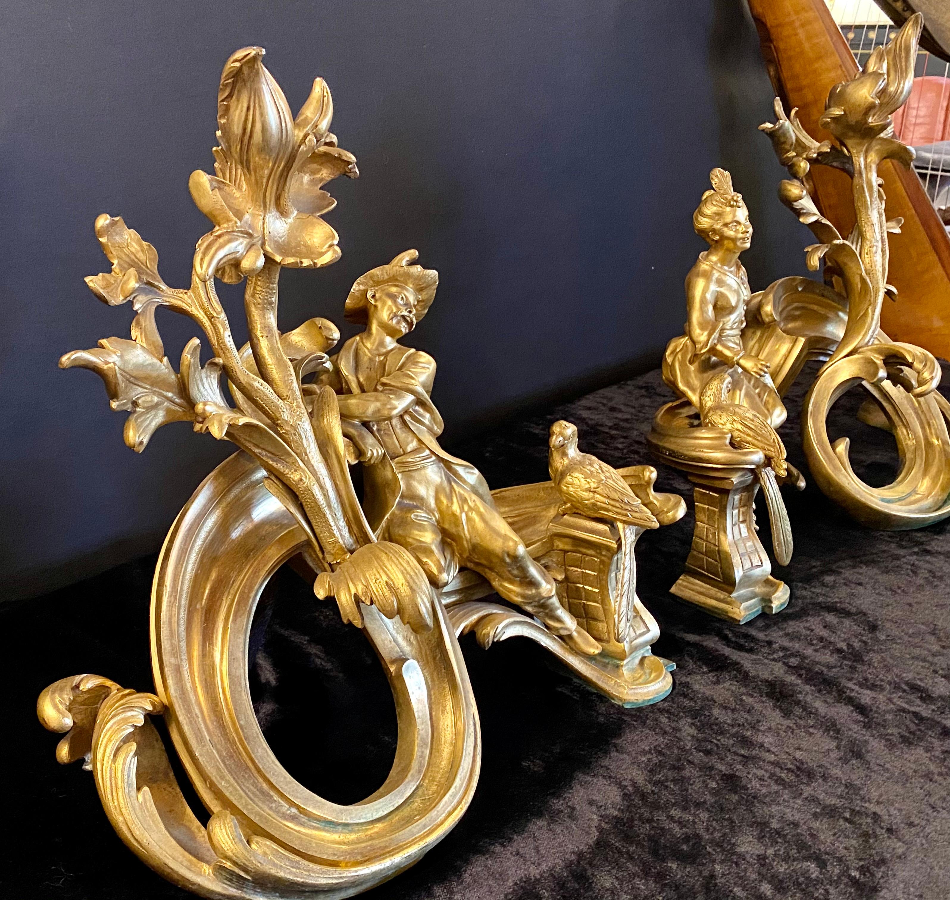 Gilt 19th Century Pair of Dore Bronze Chenets Andirons Signed Bird with Man and Woman