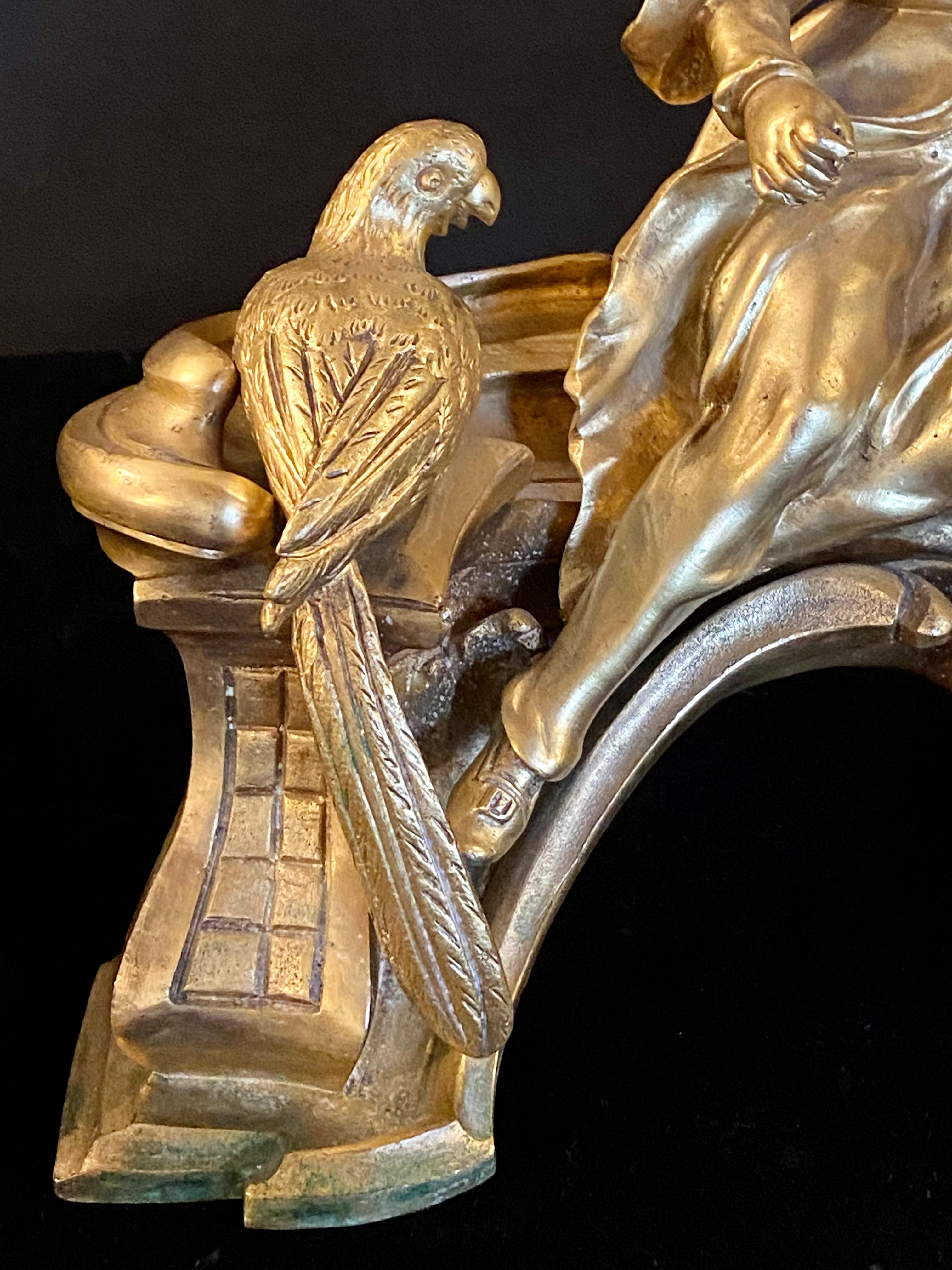 19th Century Pair of Dore Bronze Chenets Andirons Signed Bird with Man and Woman 2