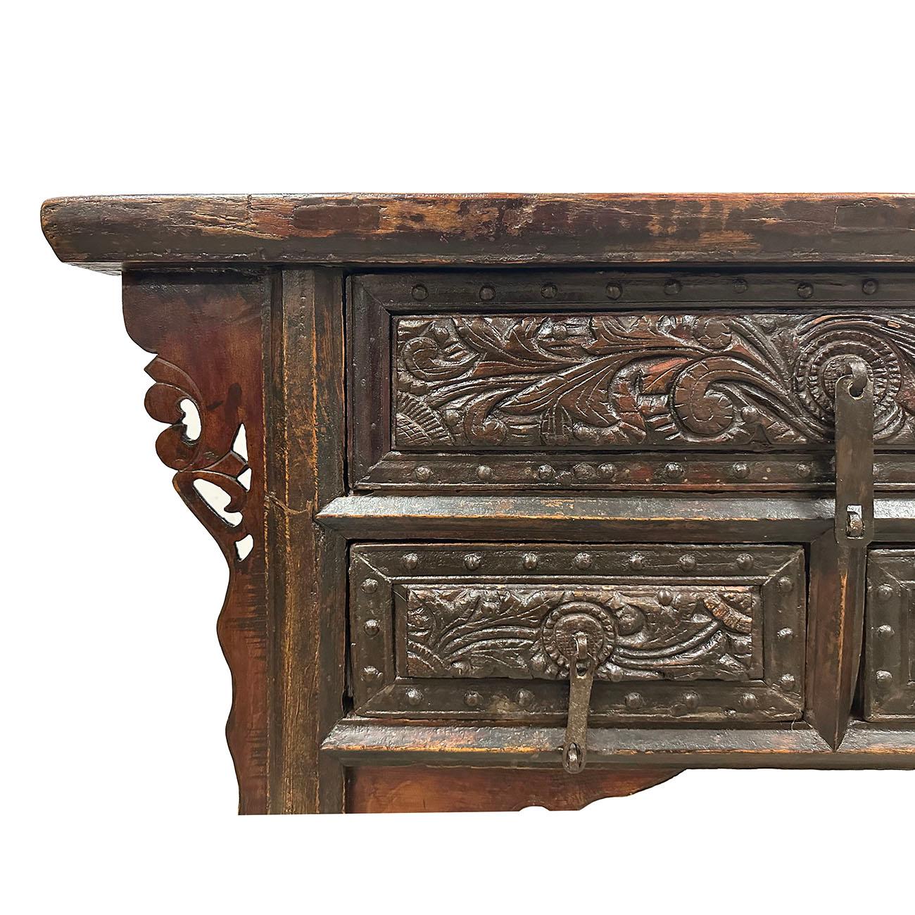 19 Century Antique Chinese Carved Shan Xi Console Table/Sideboard In Good Condition For Sale In Pomona, CA