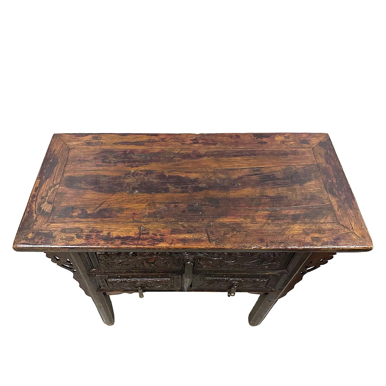 Wood 19 Century Antique Chinese Carved Shan Xi Console Table/Sideboard For Sale