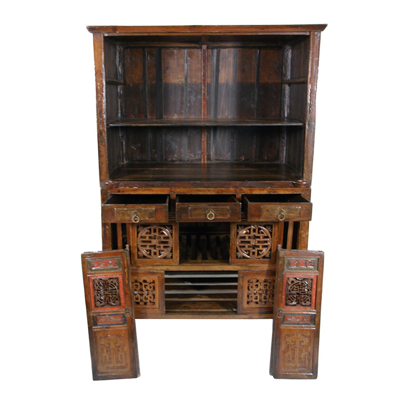 Carved 19 Century Antique Chinese Kitchen Cabinet, Entertainment Center