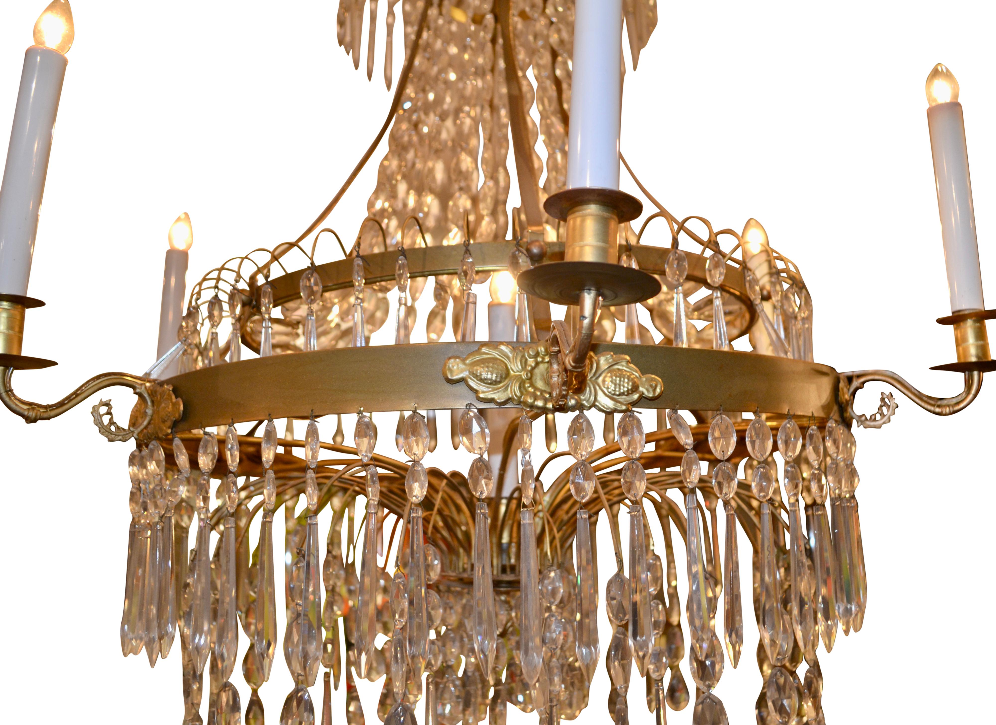 Faceted 19th Century Baltic Neoclassical Style Crystal and Brass Chandelier