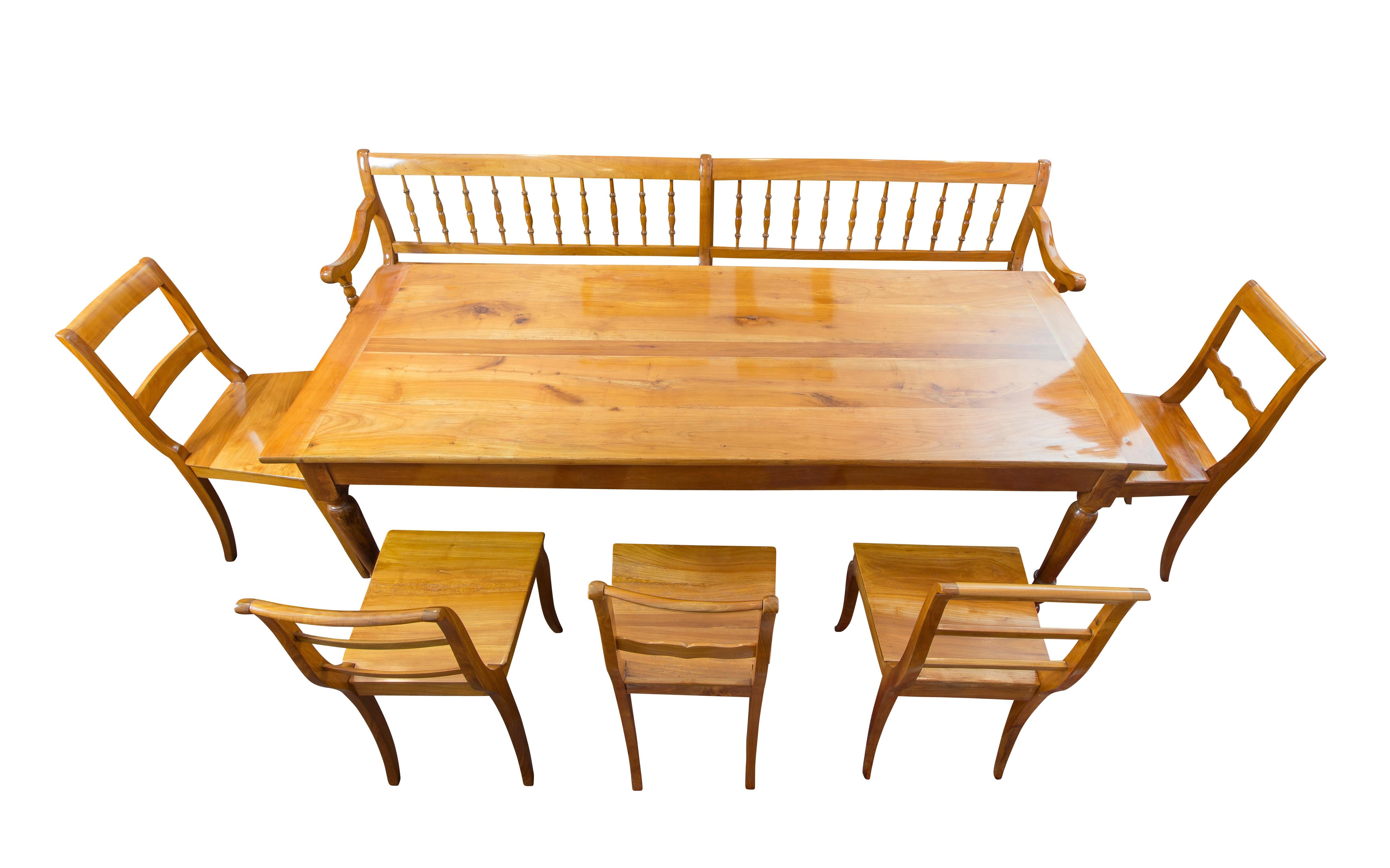 19 Century Biedermeier Farmhouse Set of Table, Bench & Five Chairs, Solid Cherry 14
