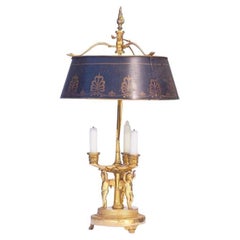 19 Century Bronze Bouillotte Lamp Cherub Motif & Painted Tole Shade