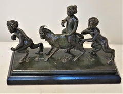 19th Century Bronze Sculpture of Playful Boy Riding Goat and Playing with Fauns