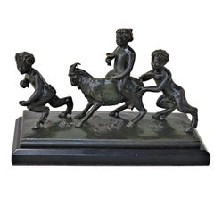 19th Century Bronze Sculpture of Playful Boy Riding Goat and Playing with Fauns