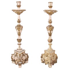 19 Century Carved Wood Cream and Gold Altar Candlesticks