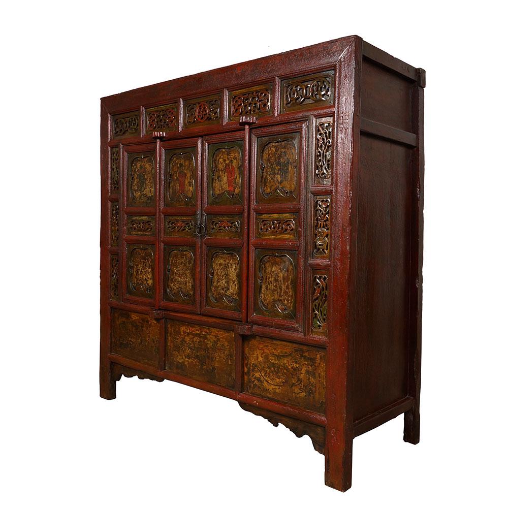 This beautiful Massive Red Lacquered Antique Chinese carved temple cabinet/Armoire was 100% hand made from Chinese elm wood and features Chinese folk arts painting on the front door panels with antique hardware. 

This Armoire made at about mid 19th