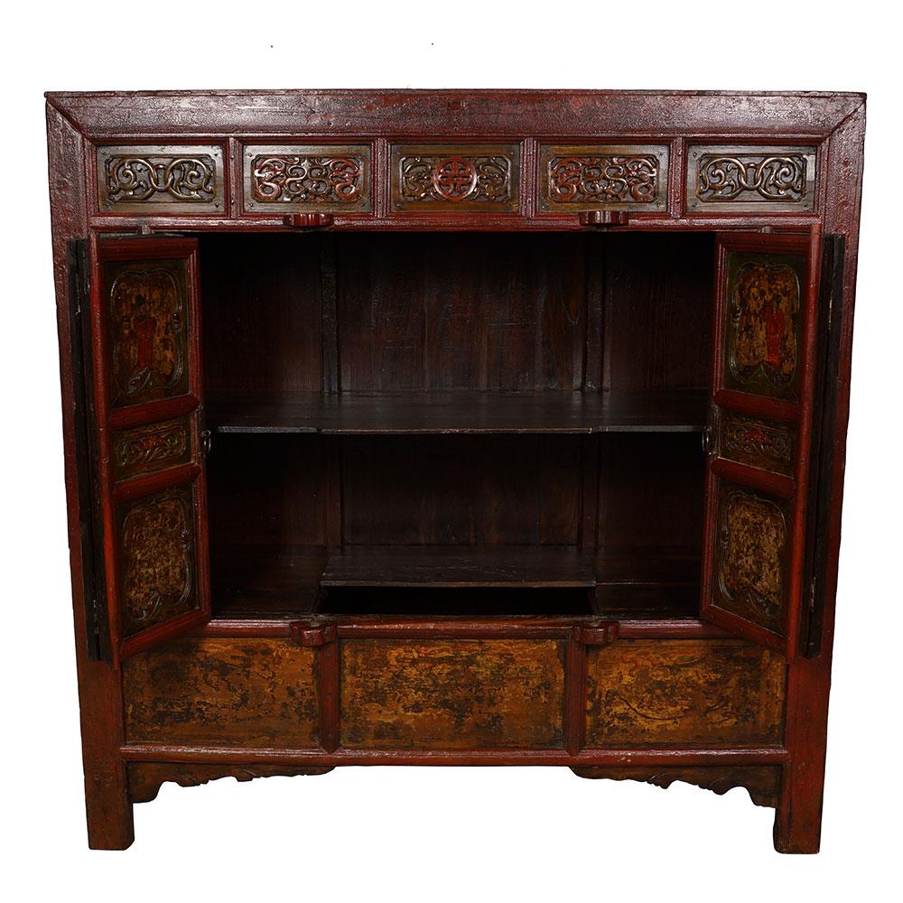 19 Century Chinese Carved Lacquered Temple Armoire, Wardrobe In Distressed Condition For Sale In Pomona, CA