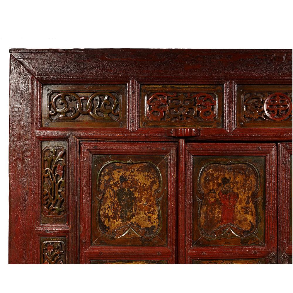 Elm 19 Century Chinese Carved Lacquered Temple Armoire, Wardrobe For Sale