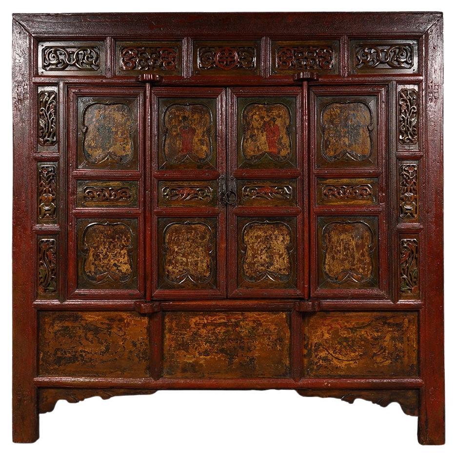 19 Century Chinese Carved Lacquered Temple Armoire, Wardrobe For Sale