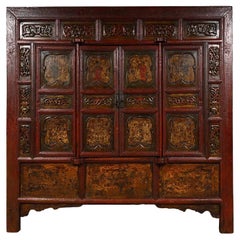 19 Century Chinese Carved Lacquered Temple Armoire, Wardrobe