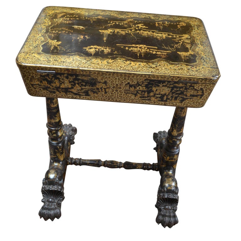 19th Century Chinese Export Black and Gold Lacquer Sewing Table at