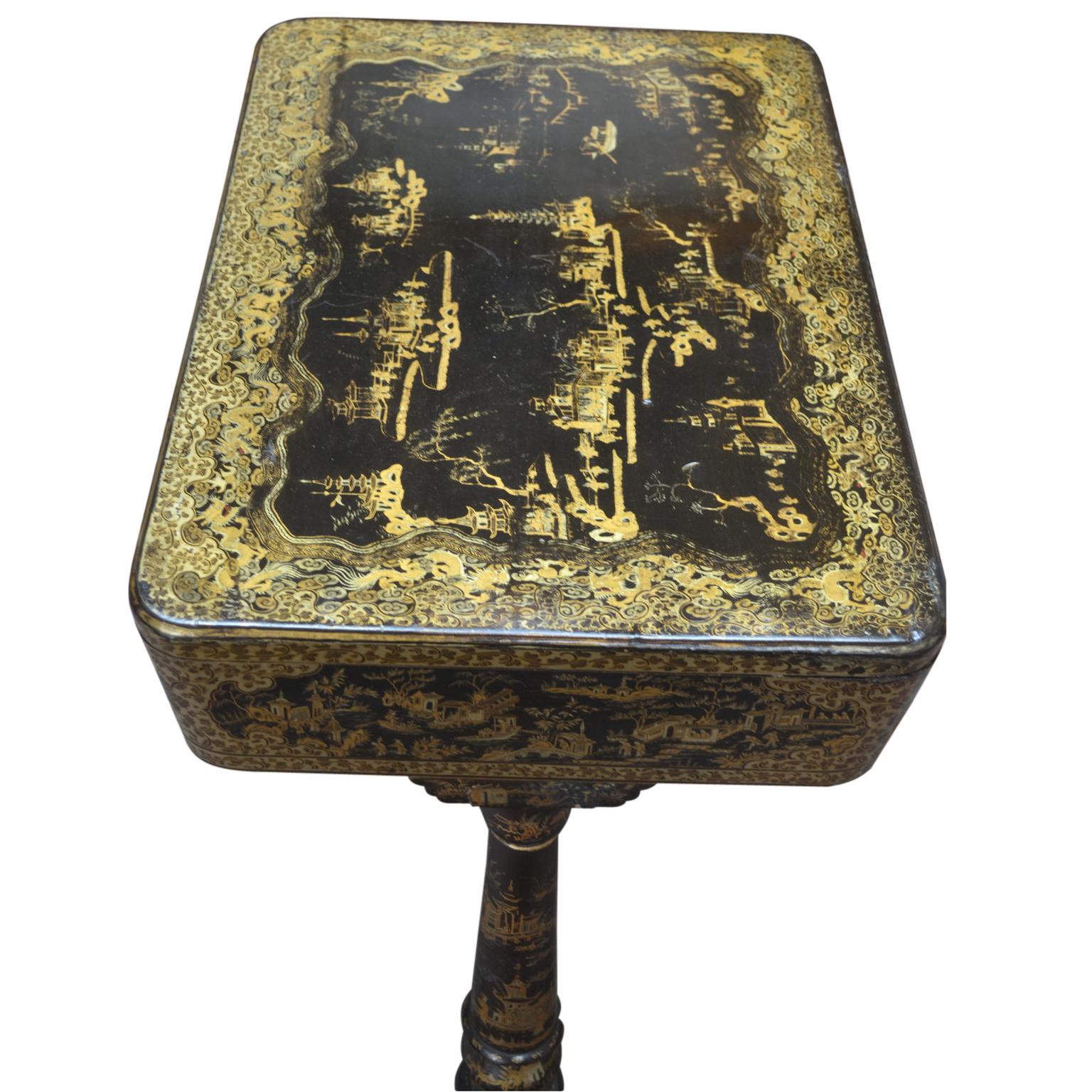 Hand-Painted 19th Century Chinese Export Black and Gold Lacquer Sewing Table