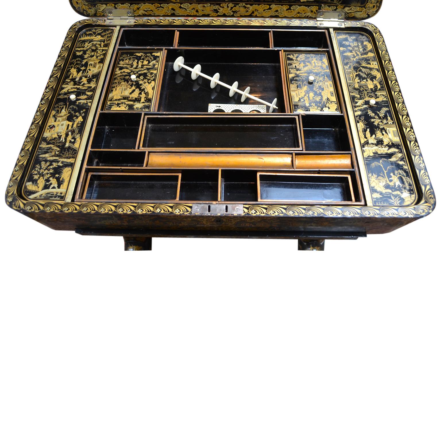 19th Century Chinese Export Black and Gold Lacquer Sewing Table In Good Condition In Vancouver, British Columbia