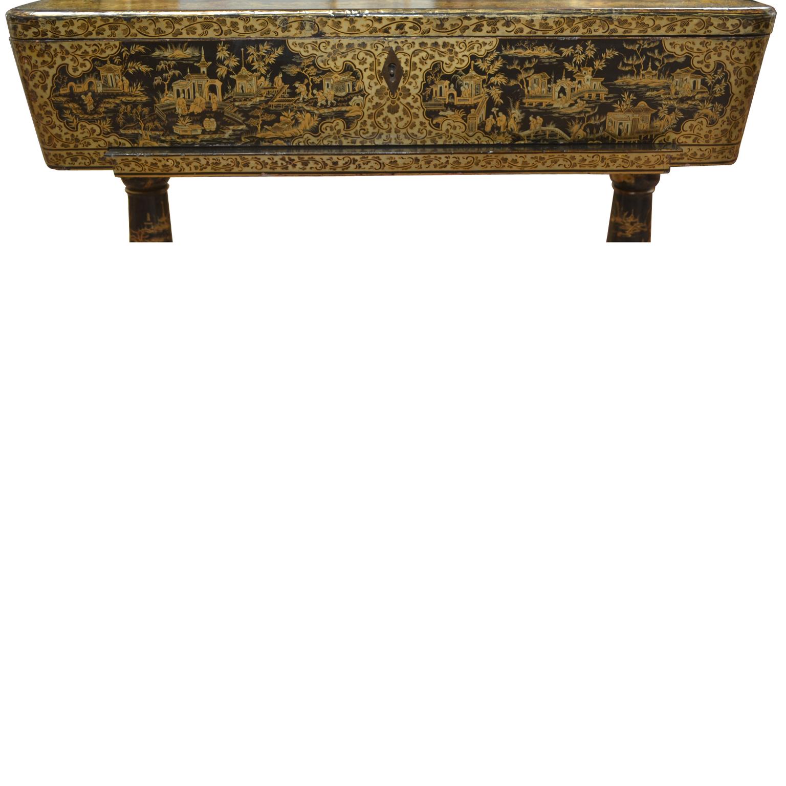 19th Century Chinese Export Black and Gold Lacquer Sewing Table 1