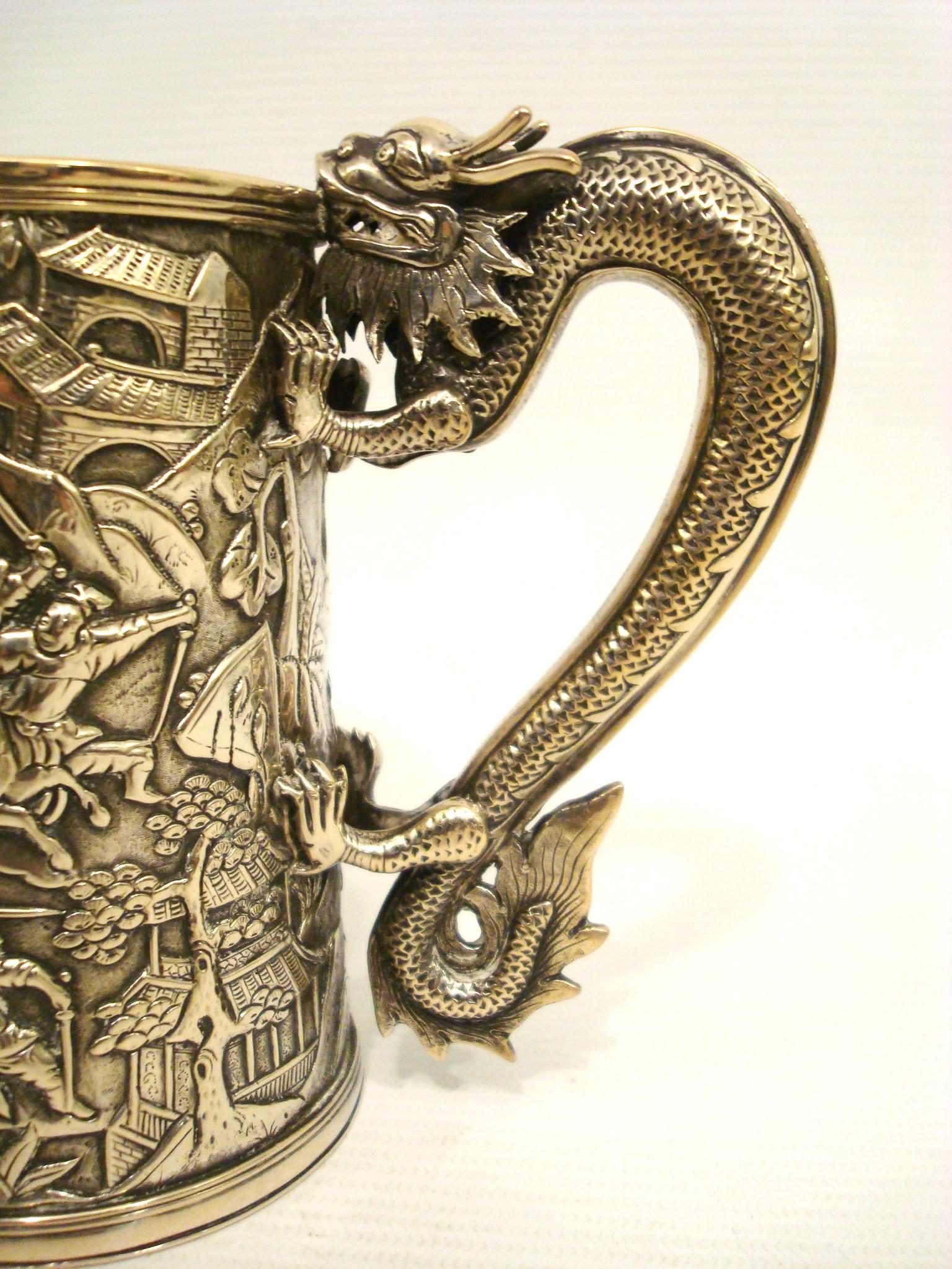 19th Century 19 Century Chinese Export silver Dragon-Handled Mug / Tankard For Sale