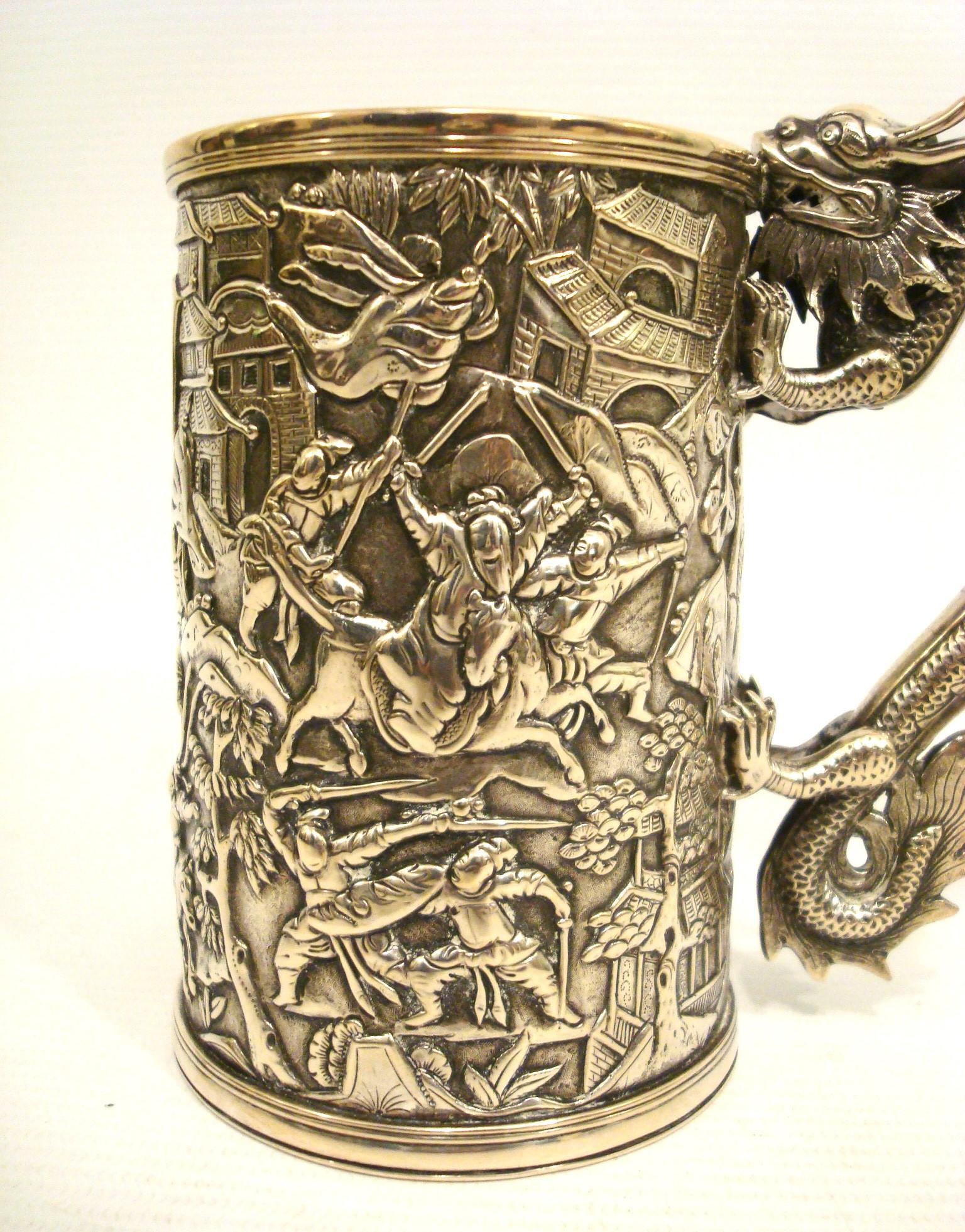 Silver 19 Century Chinese Export silver Dragon-Handled Mug / Tankard For Sale