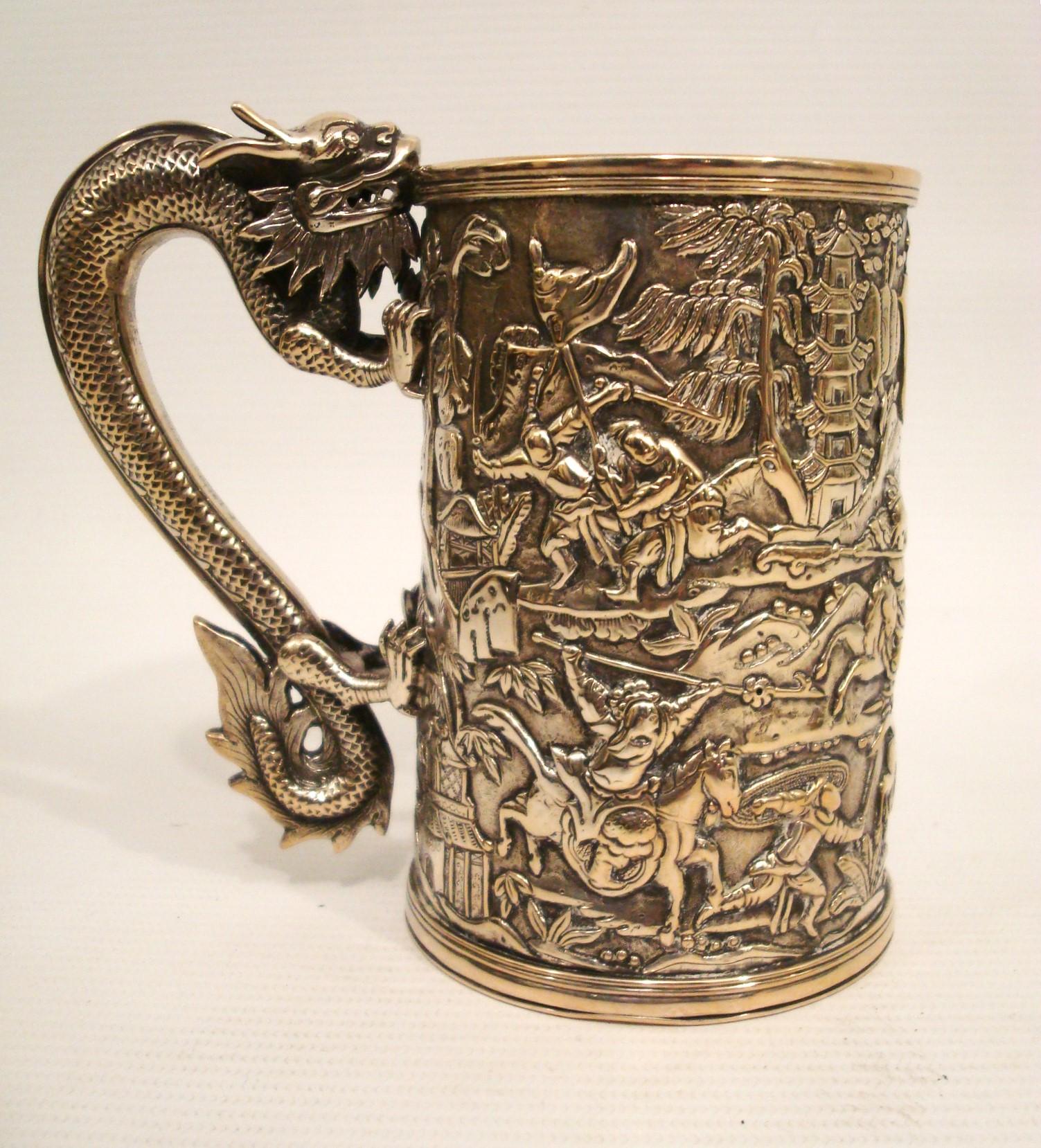 19 Century Chinese Export silver Dragon-Handled Mug / Tankard For Sale 2