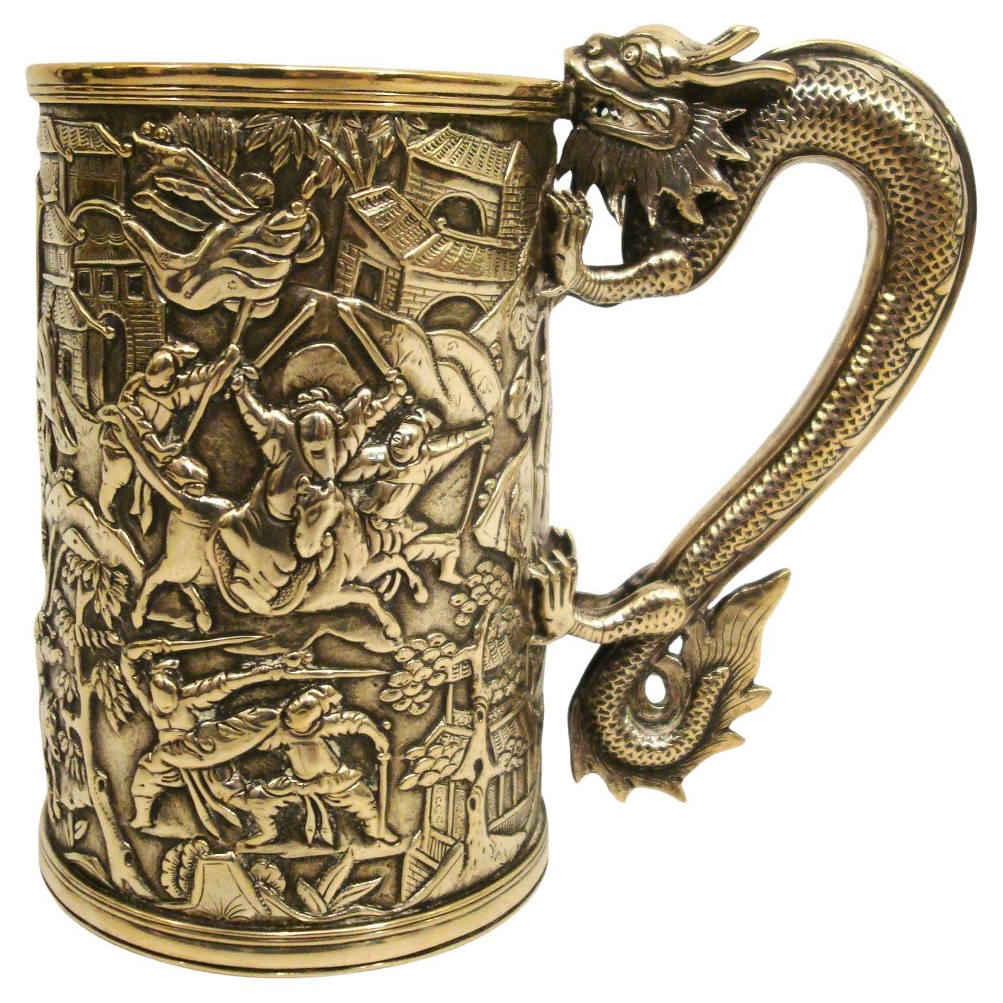 19 Century Chinese Export silver Dragon-Handled Mug / Tankard For Sale