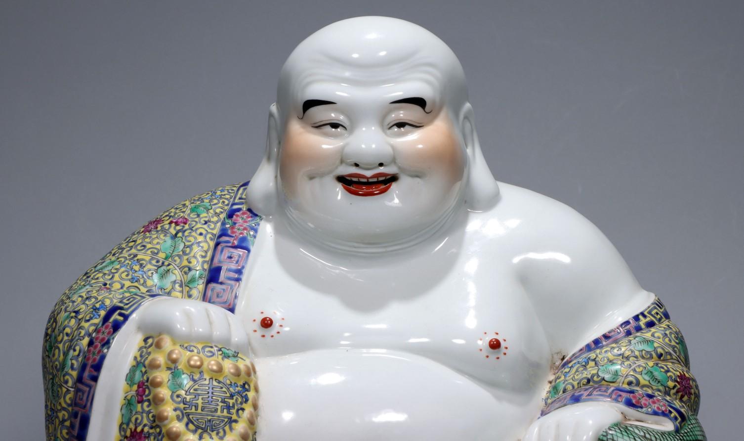 19 Century Chinese Zhu Maoji Gilded Maitreya Smiling Buddha Statue For Sale 1