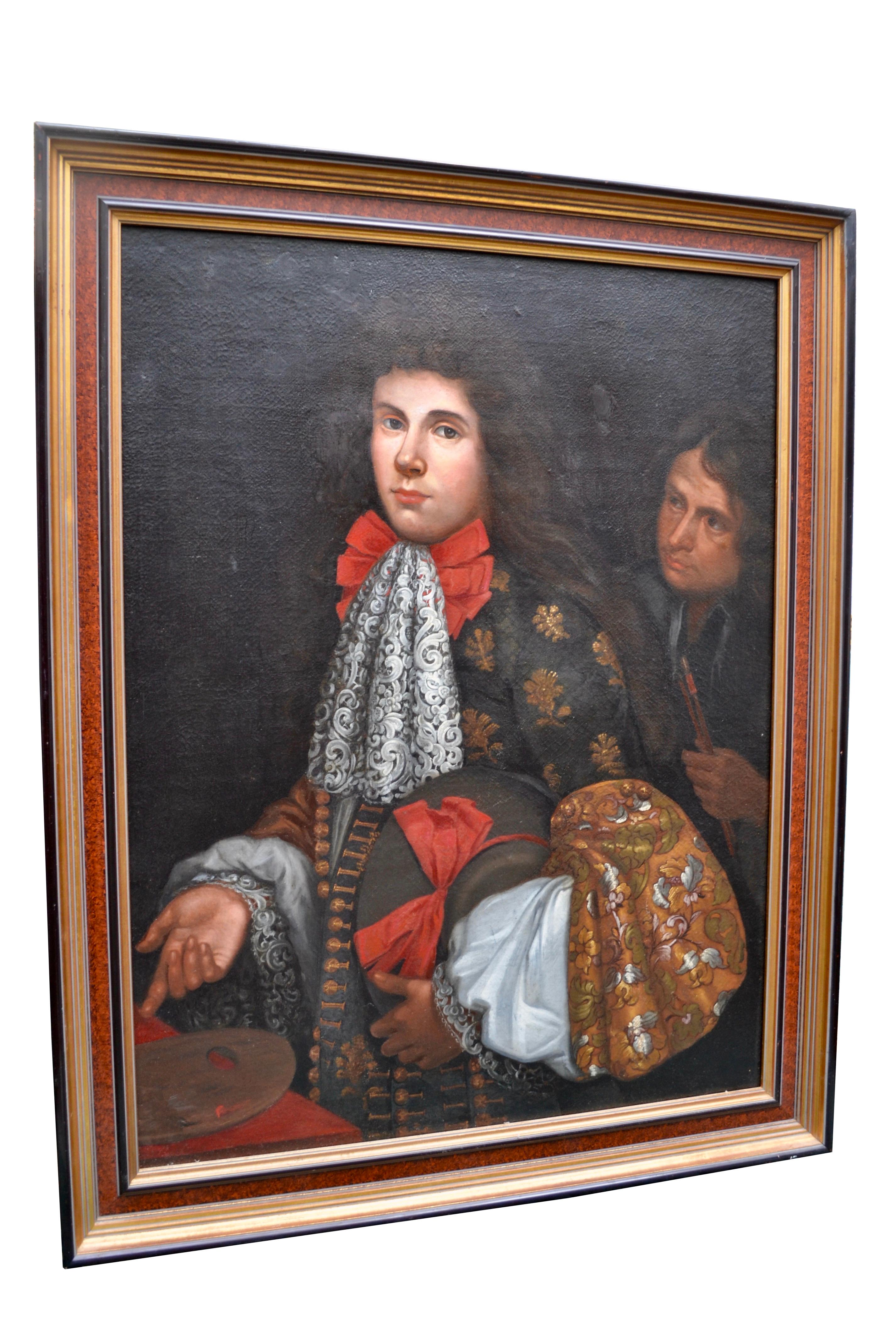 A 19th C three quarter length portrait of an aristocratic gentleman with his personal valet shown behind him. The young man with flowing long hair is portrayed from the waist up and dressed in very elaborate court finery. He is presented against a