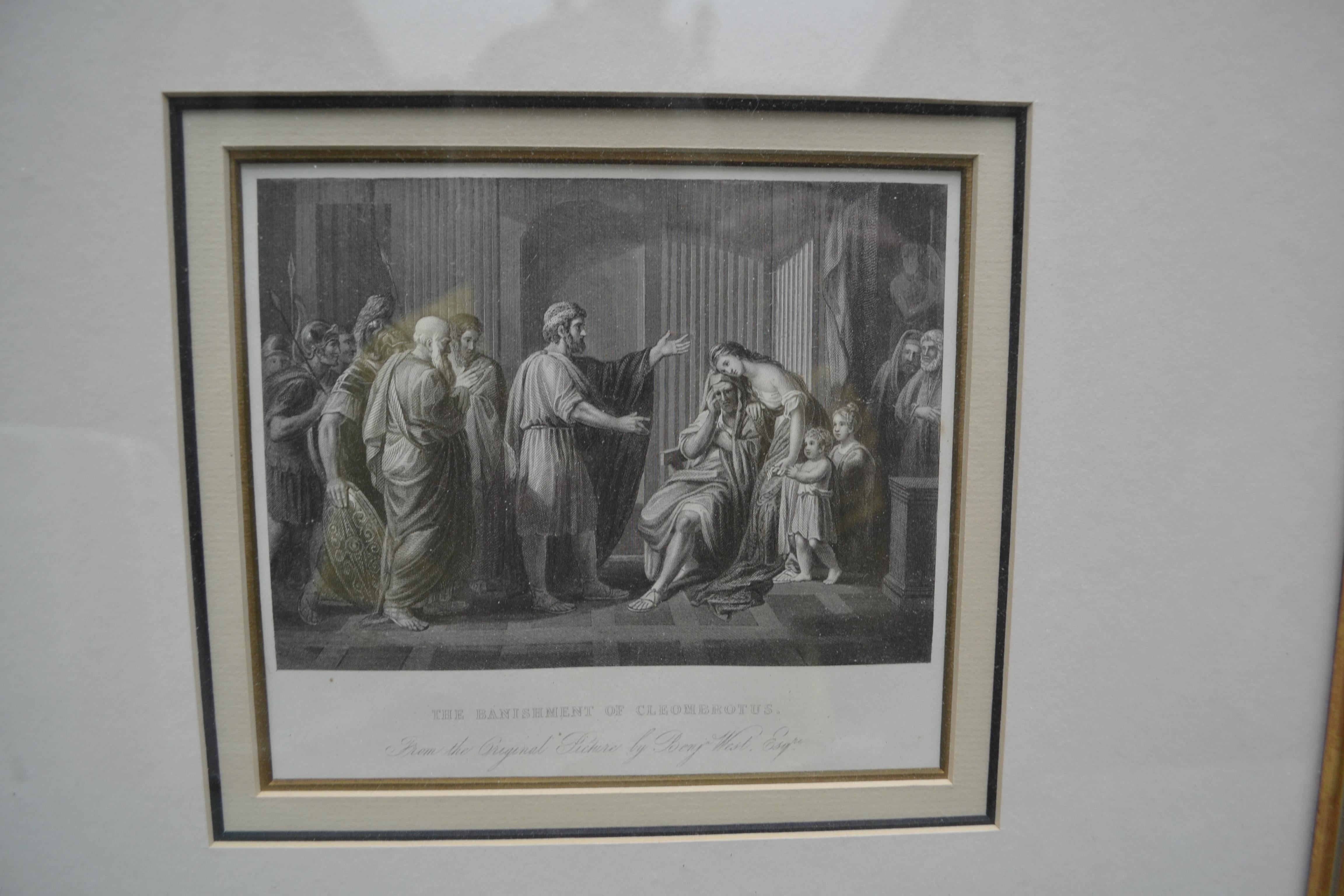 A 19th century steel plate engraving depicting the Banishment of Cleombrotus after the original by Benjamin West oil on canvas painting executed in 1768 and held at the Tate Gallery. The engraving is presented with beige matting and a gilded wooden
