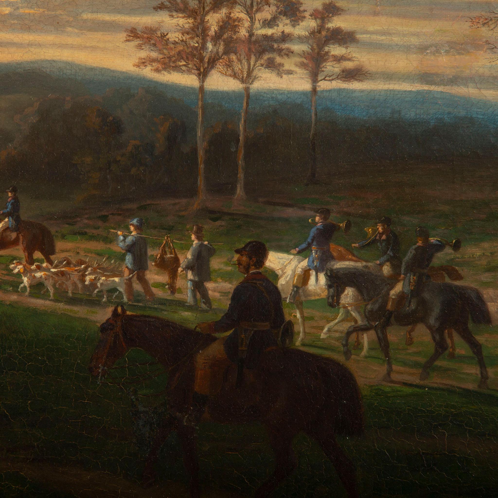 Léopold von Besenval (1812-1889), Jagdgesellschaft in der Abenddämmerung
Öl auf Leinwand, auf der Rückseite mit einer Widmung versehen. Dieses stimmungsvolle Werk des Schweizer Malers Léopold von Besenval aus dem 19. Jahrhundert zeigt eine berittene