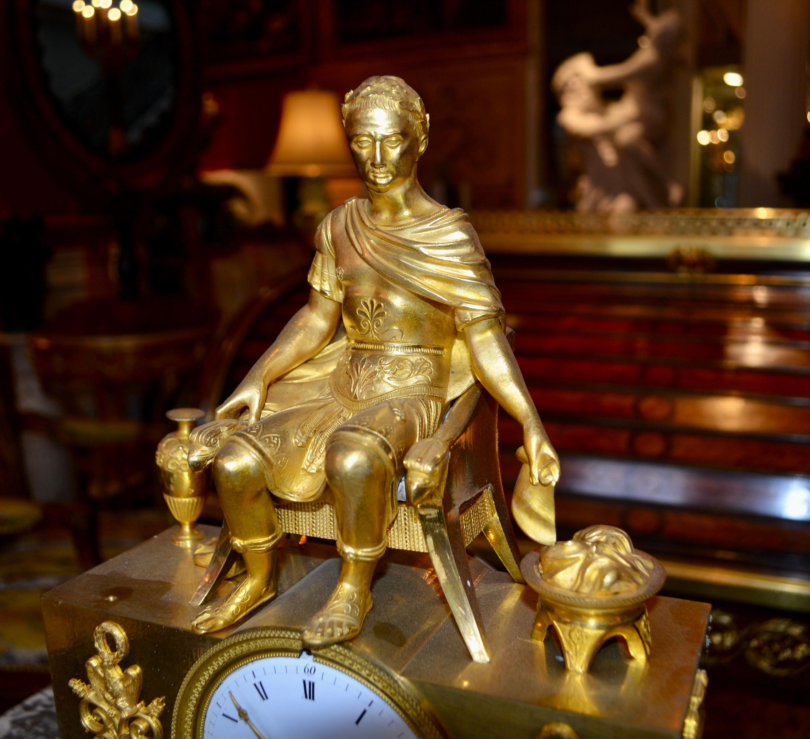 19 Century Figurative French Empire Gilt Bronze Clock of Caesar on His Throne For Sale 6