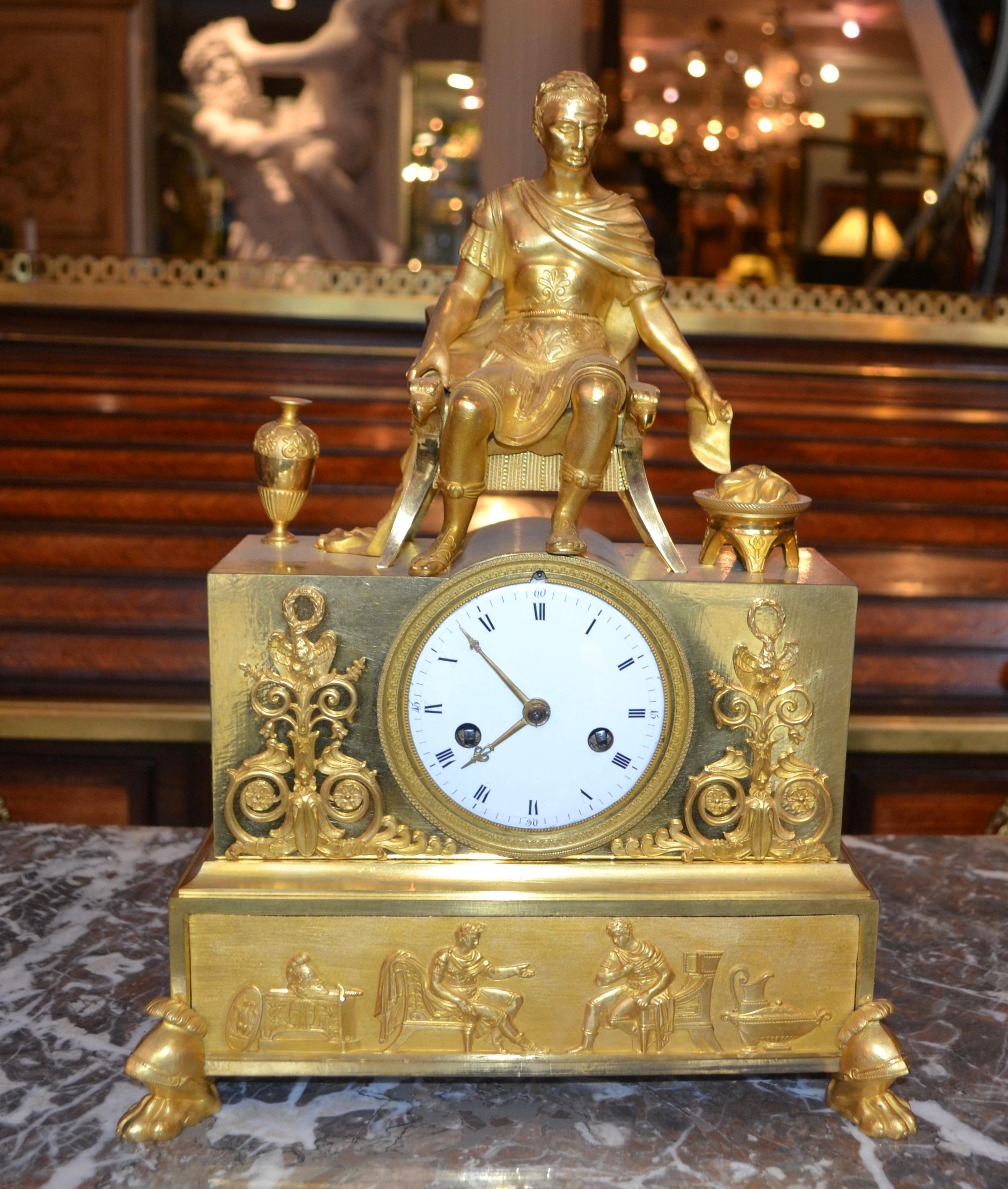 19 Century Figurative French Empire Gilt Bronze Clock of Caesar on His Throne For Sale 8