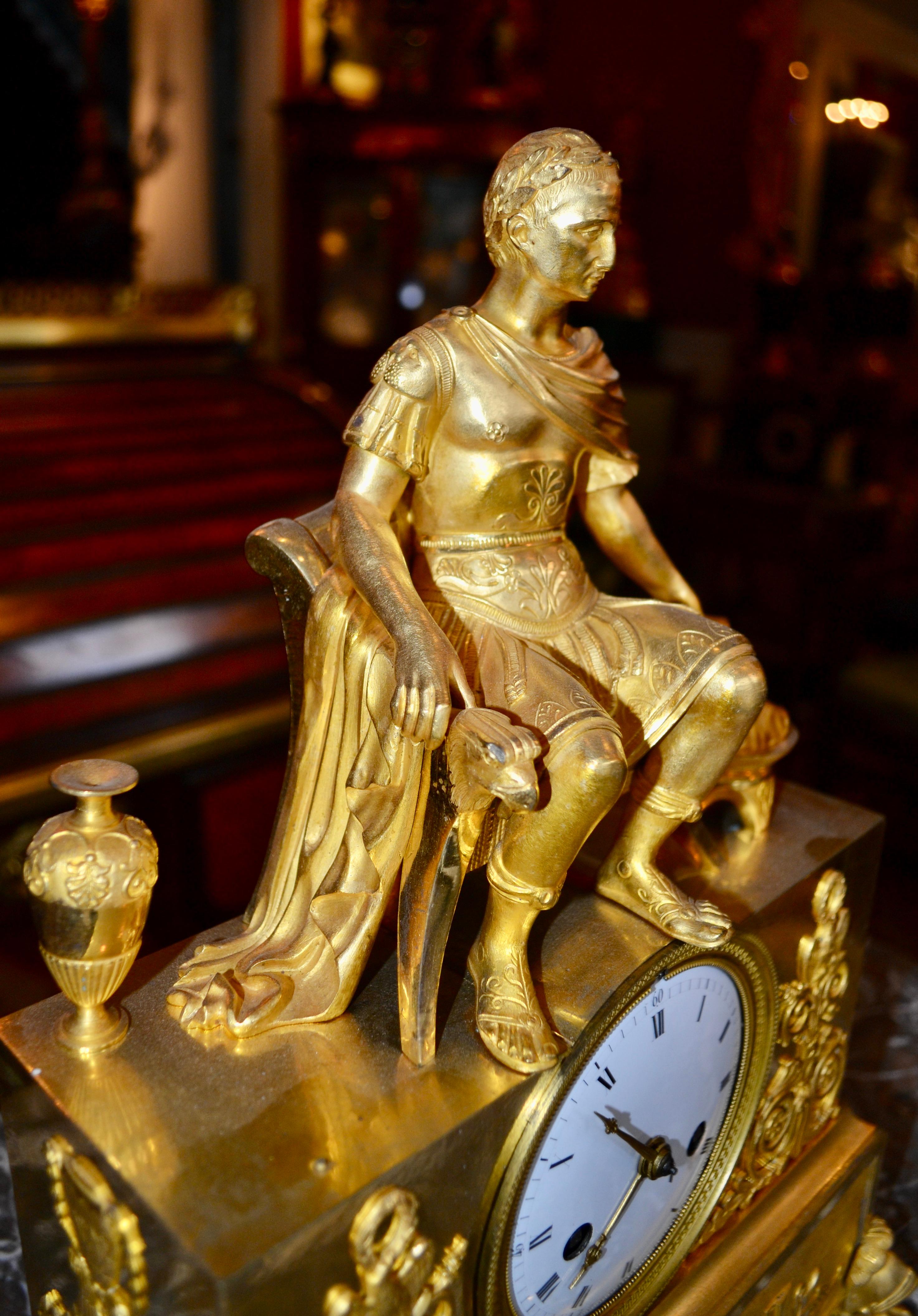19 Century Figurative French Empire Gilt Bronze Clock of Caesar on His Throne For Sale 3