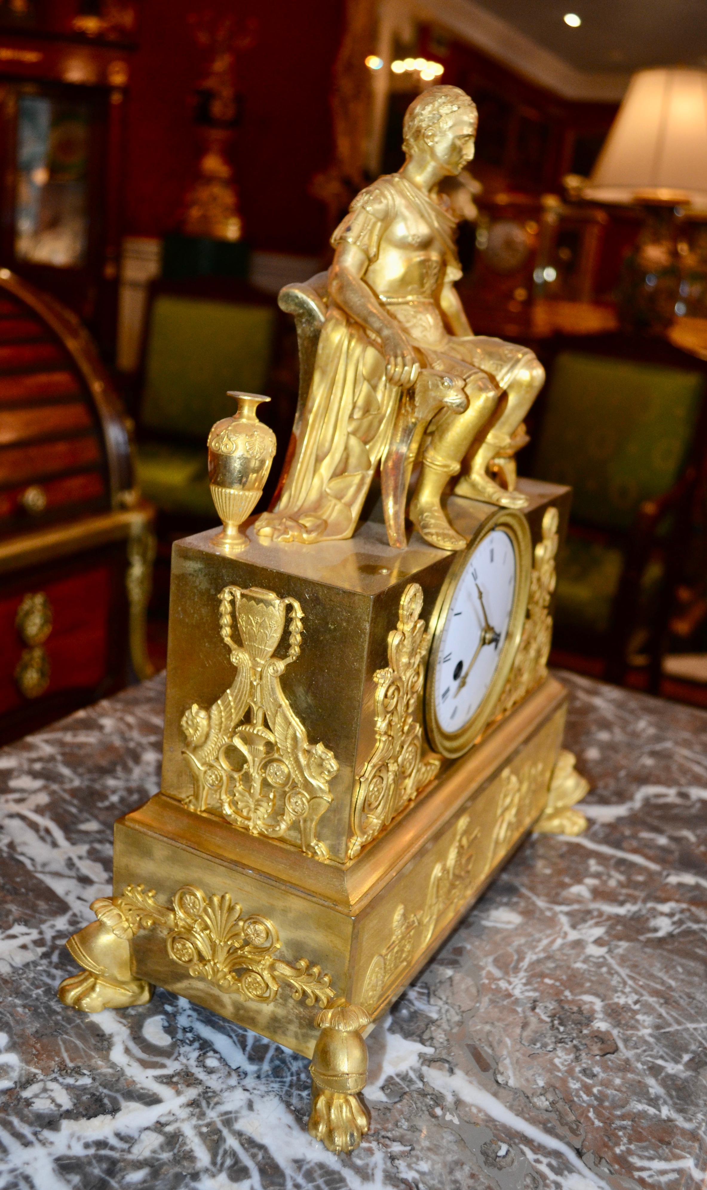 19 Century Figurative French Empire Gilt Bronze Clock of Caesar on His Throne For Sale 4