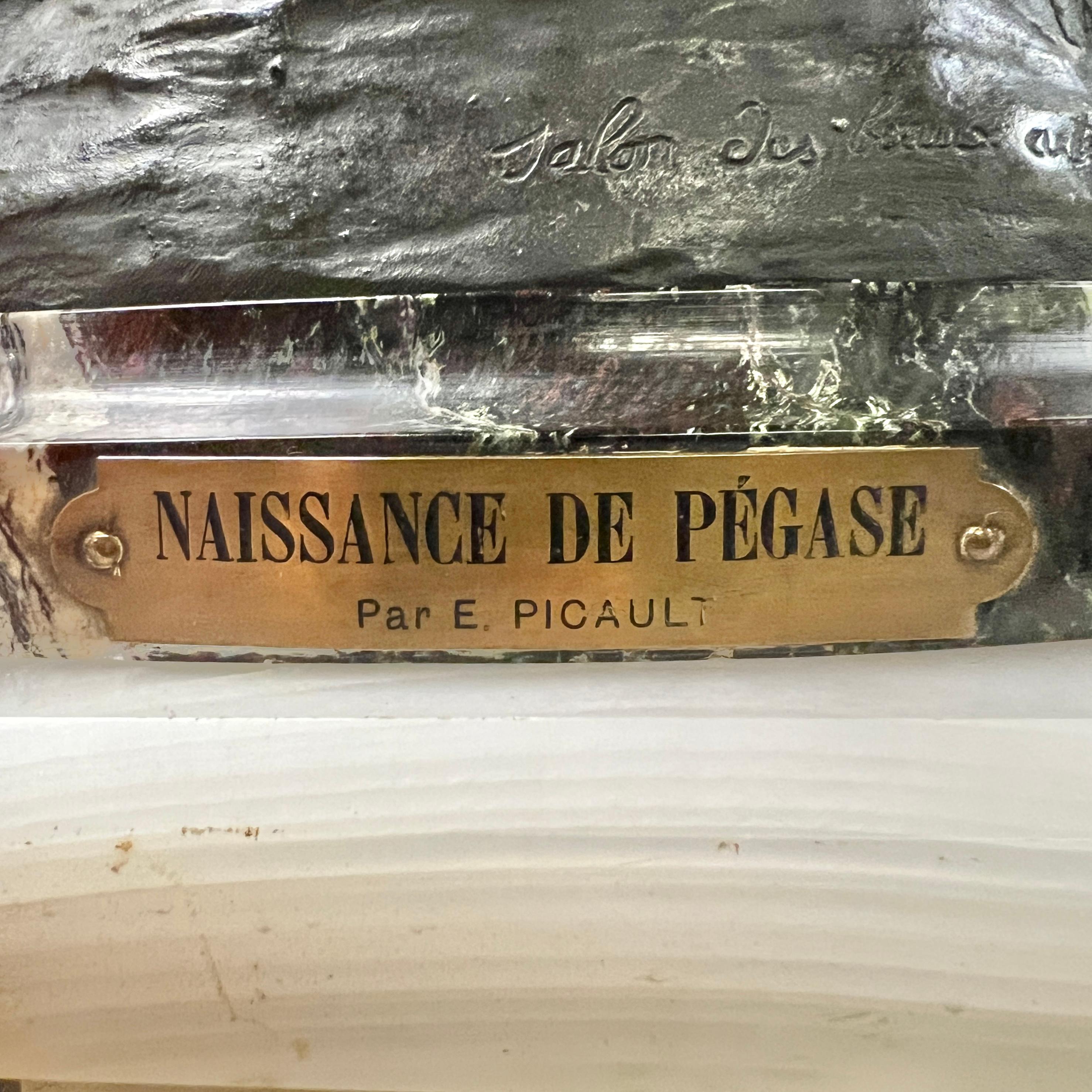 Patinated Spelter  sculpture on oval marble base depicting the Birth of Pegasus after the original model by Emile Picault (1833-1922) exhibited at the Salon des Beaux Arts in Paris.  With the circular mark, Fabrication Francaise Paris Made in