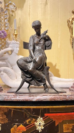 19 century French Seated Greek Maiden with Spindle Patinated Bronze Sculpture