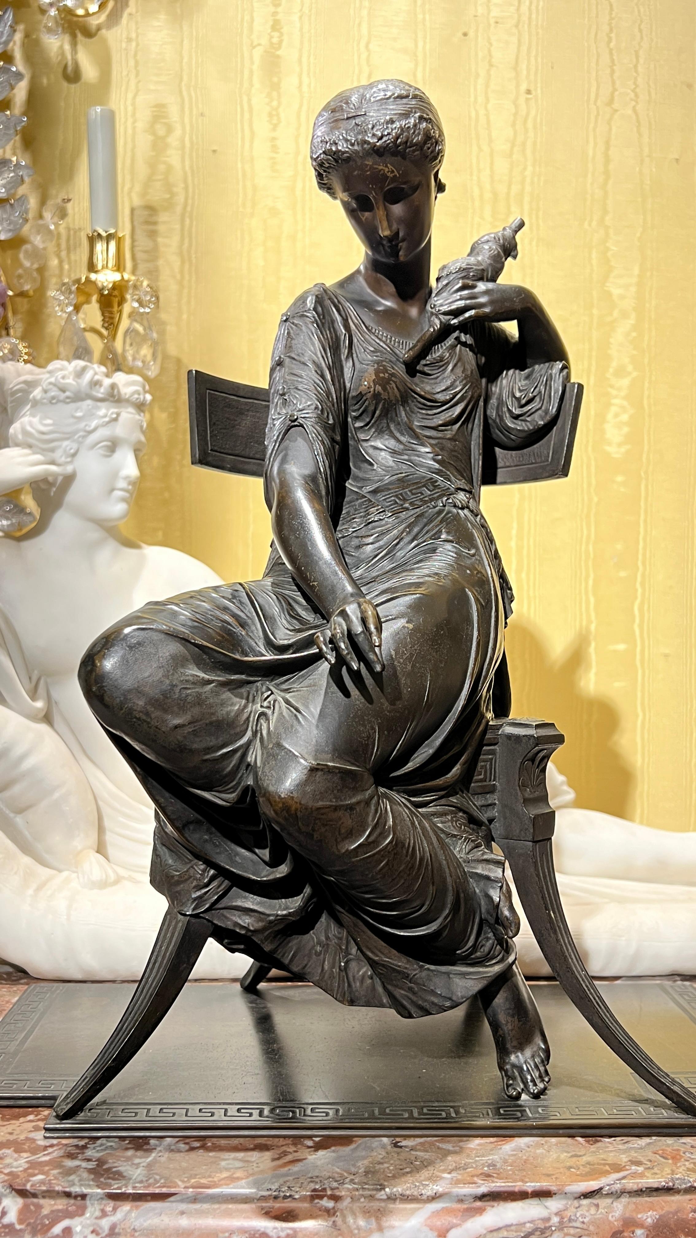 Greek Revival 19 century French Seated Greek Maiden with Spindle Patinated Bronze Sculpture For Sale