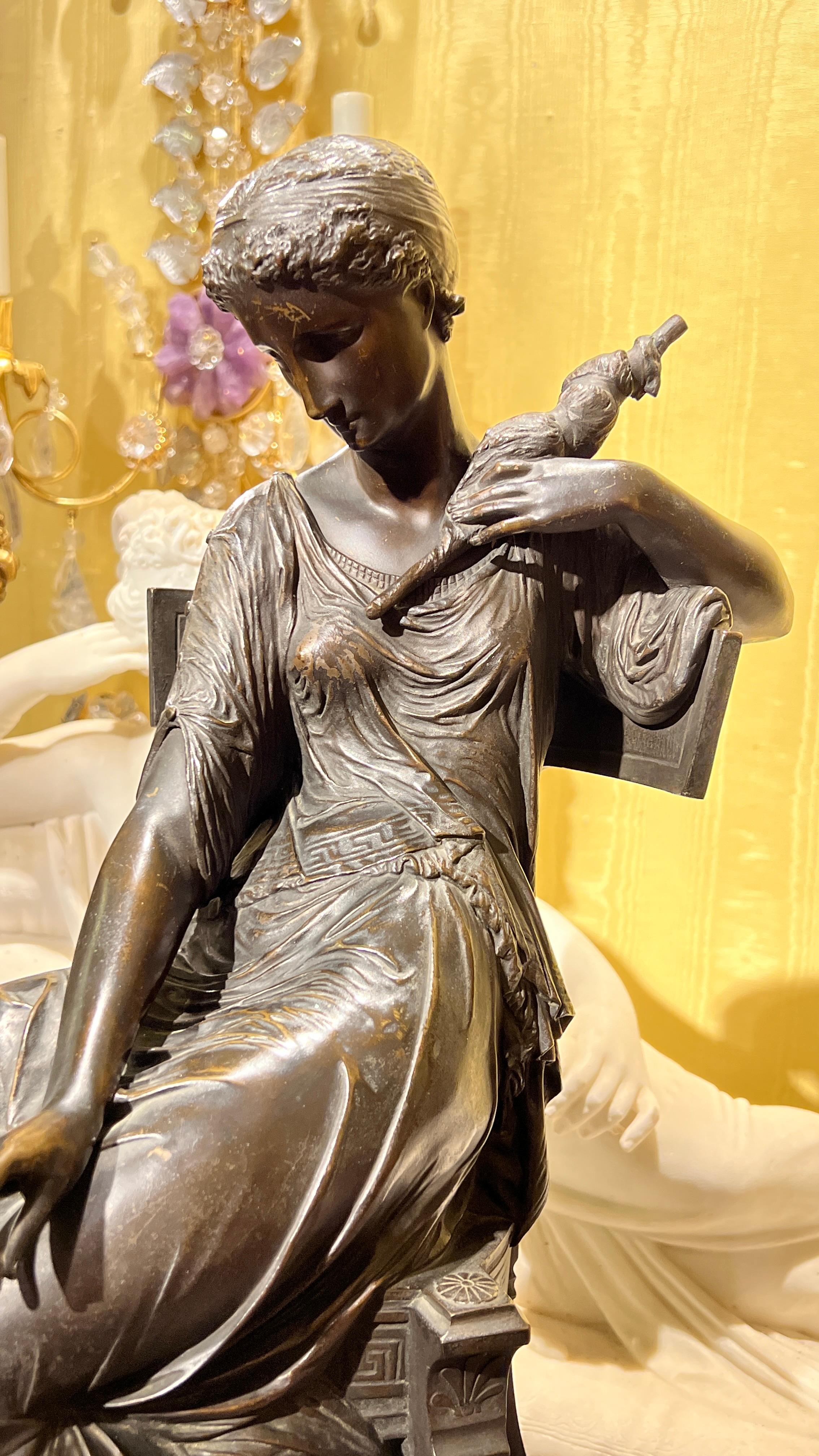 19 century French Seated Greek Maiden with Spindle Patinated Bronze Sculpture In Good Condition For Sale In New York, NY