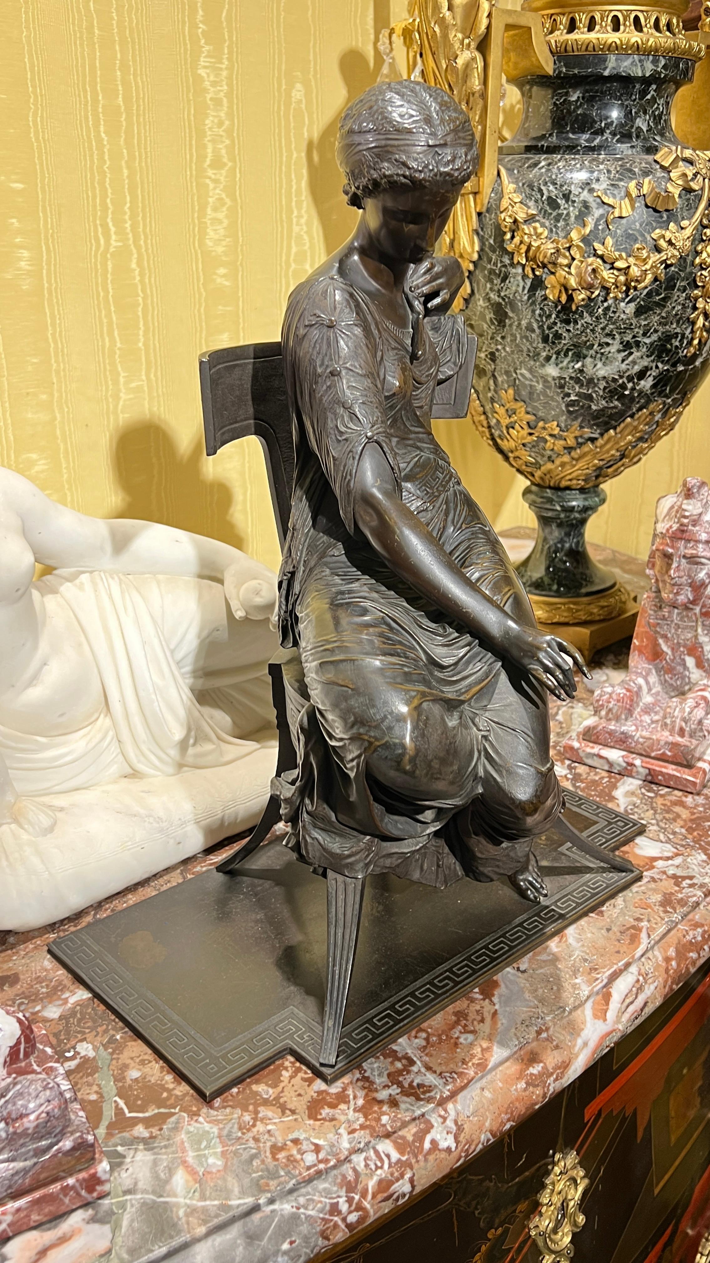 19th Century 19 century French Seated Greek Maiden with Spindle Patinated Bronze Sculpture For Sale