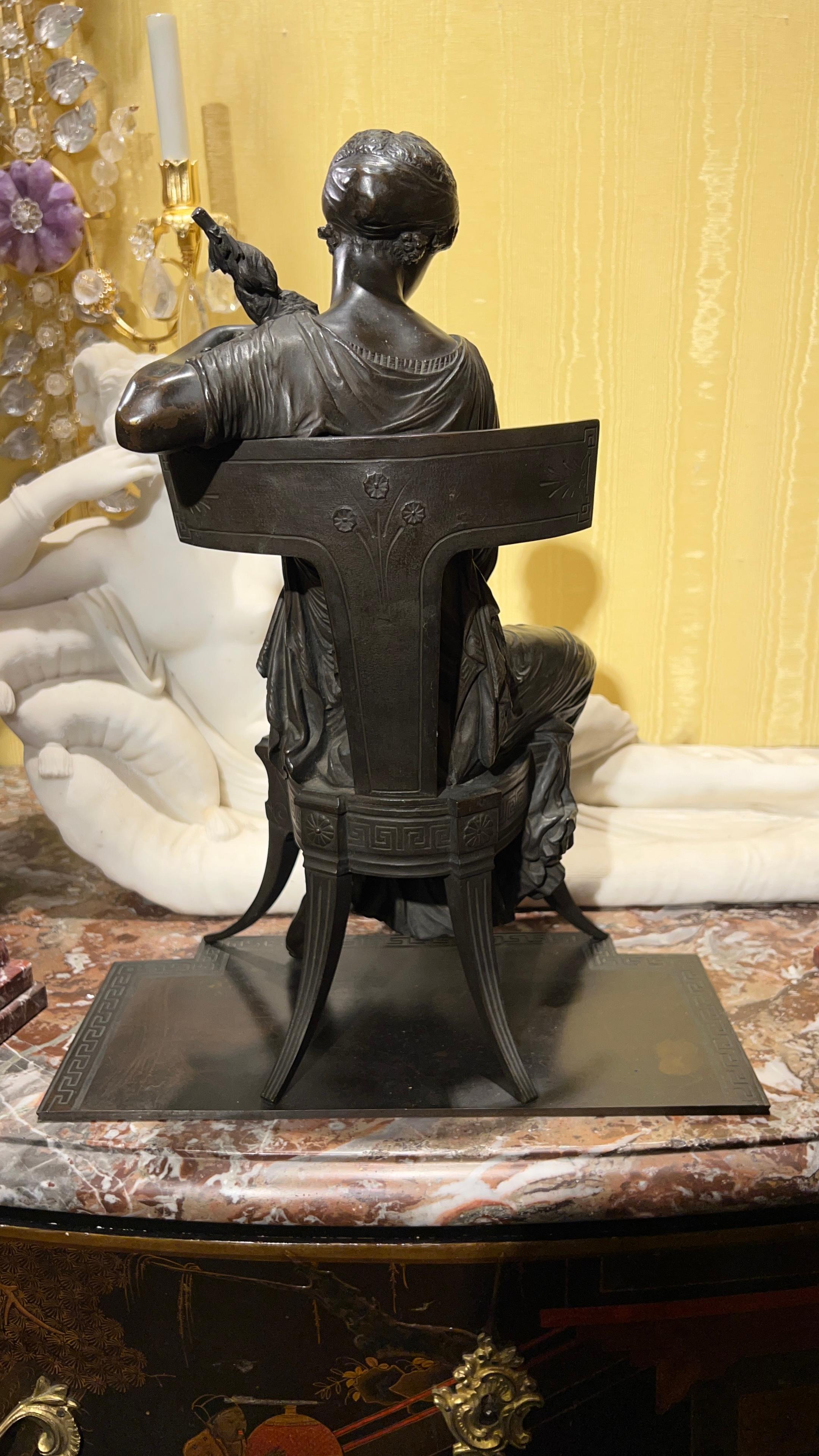 19 century French Seated Greek Maiden with Spindle Patinated Bronze Sculpture For Sale 1
