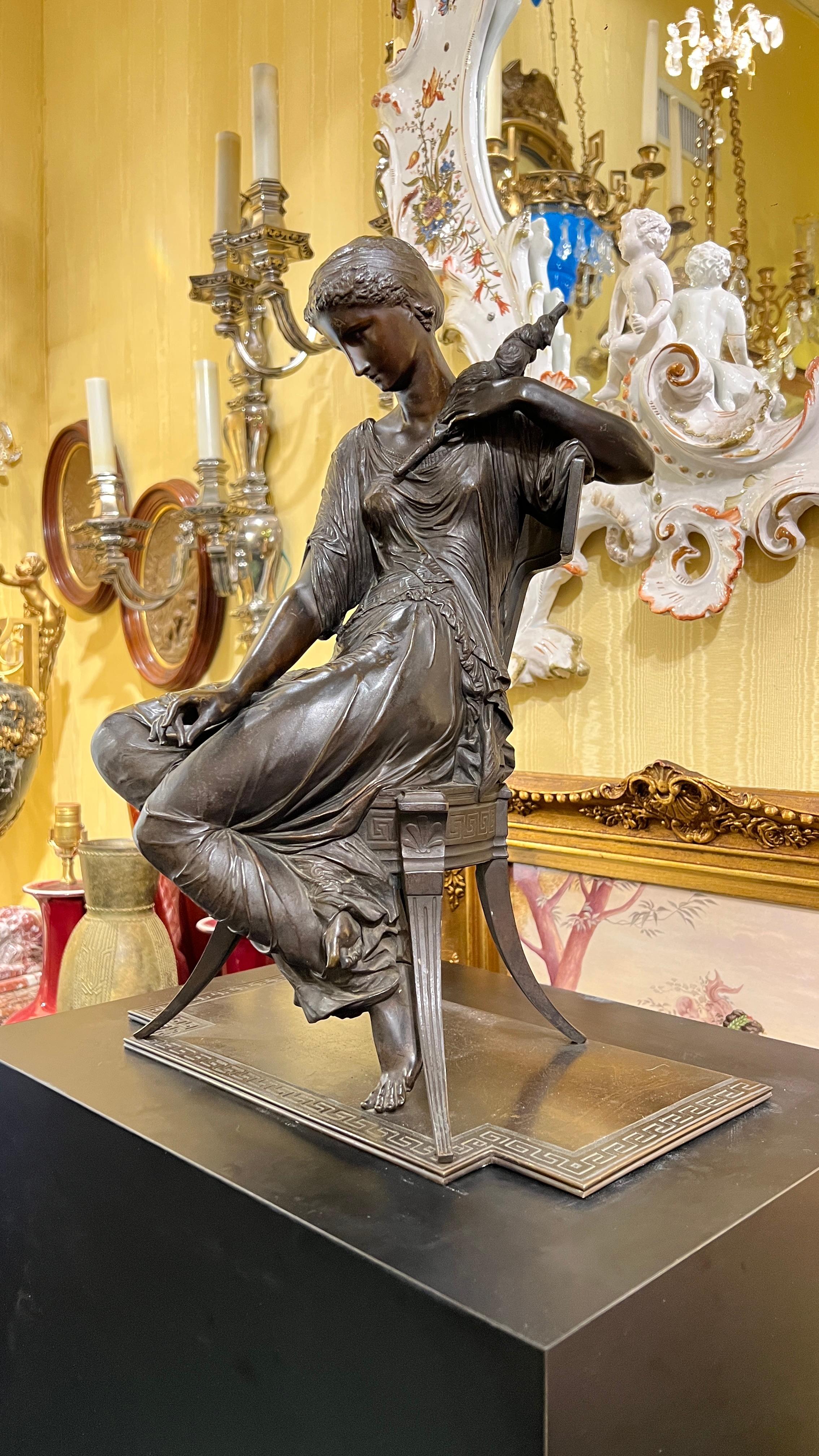 19 century French Seated Greek Maiden with Spindle Patinated Bronze Sculpture For Sale 2