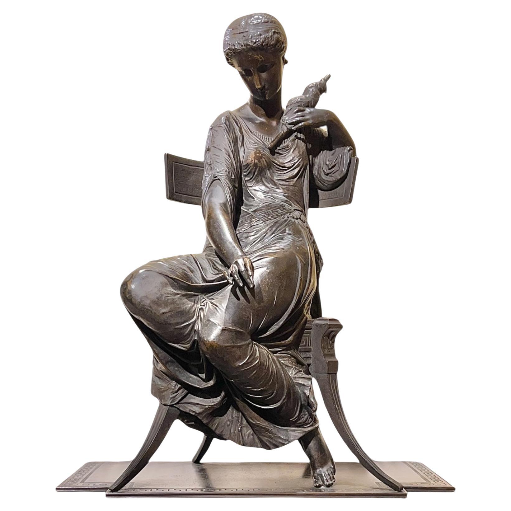 19 century French Seated Greek Maiden with Spindle Patinated Bronze Sculpture For Sale