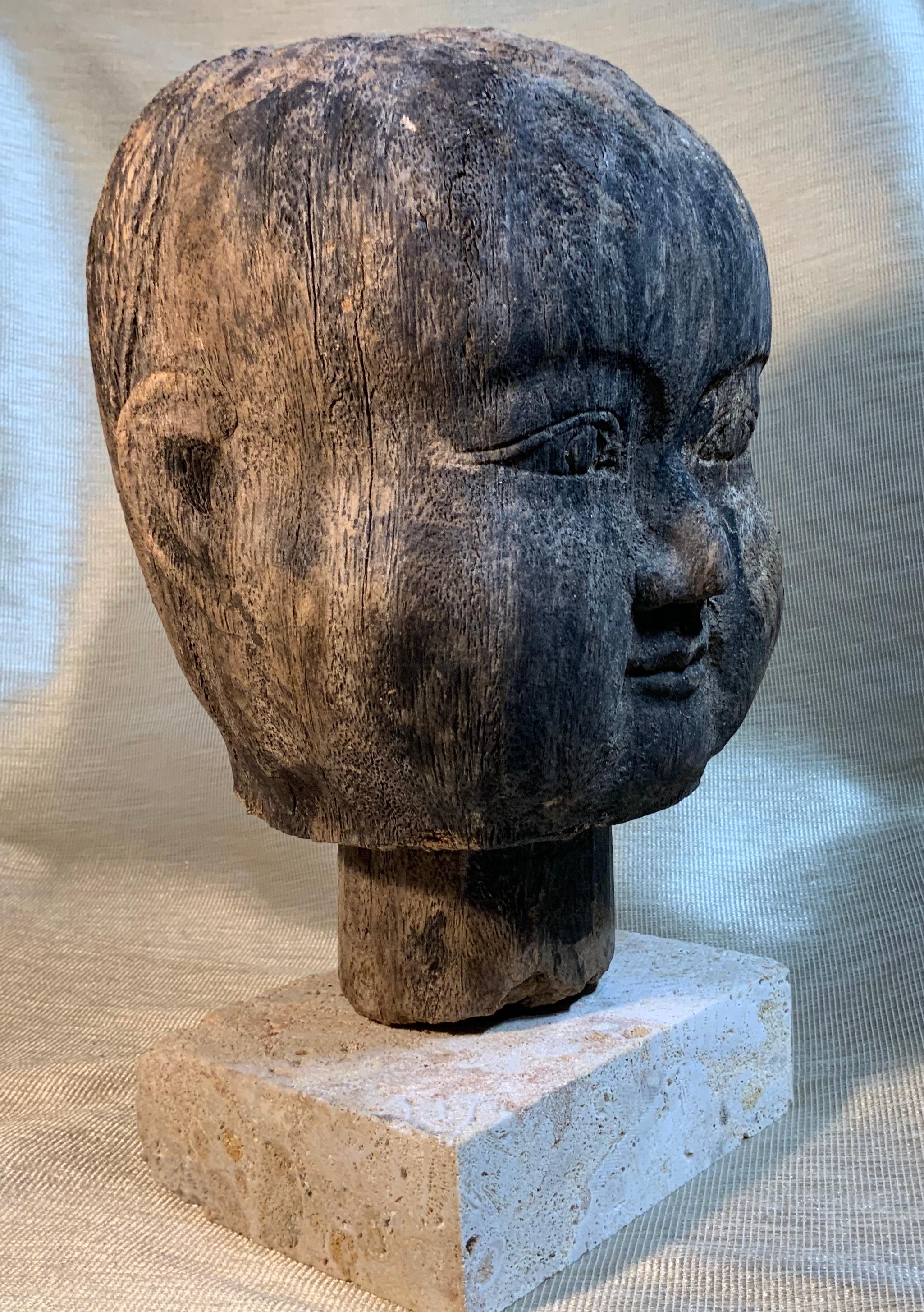 19th Century Hand Carved Wood Baby Monk Face 4
