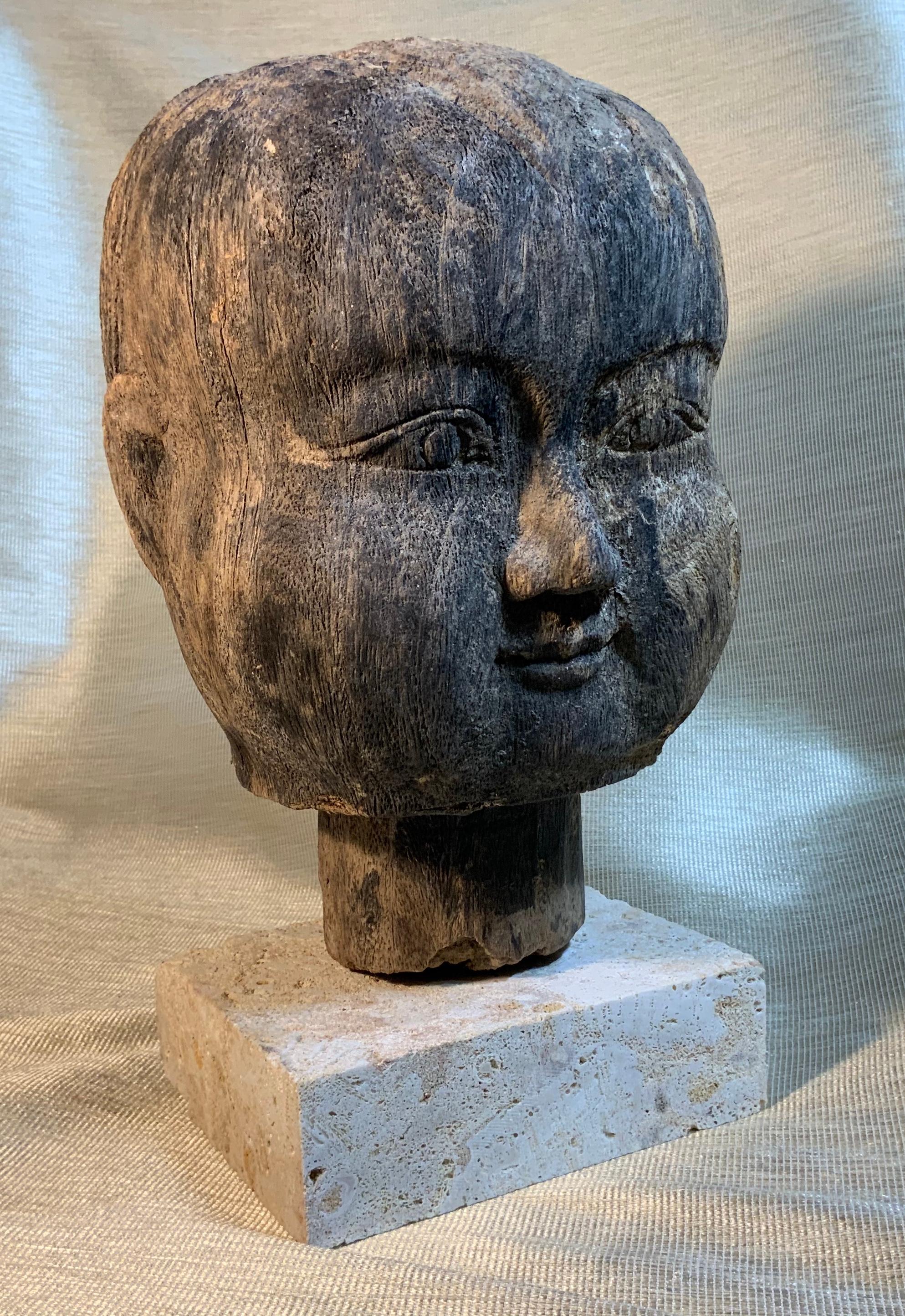 19th Century Hand Carved Wood Baby Monk Face 5