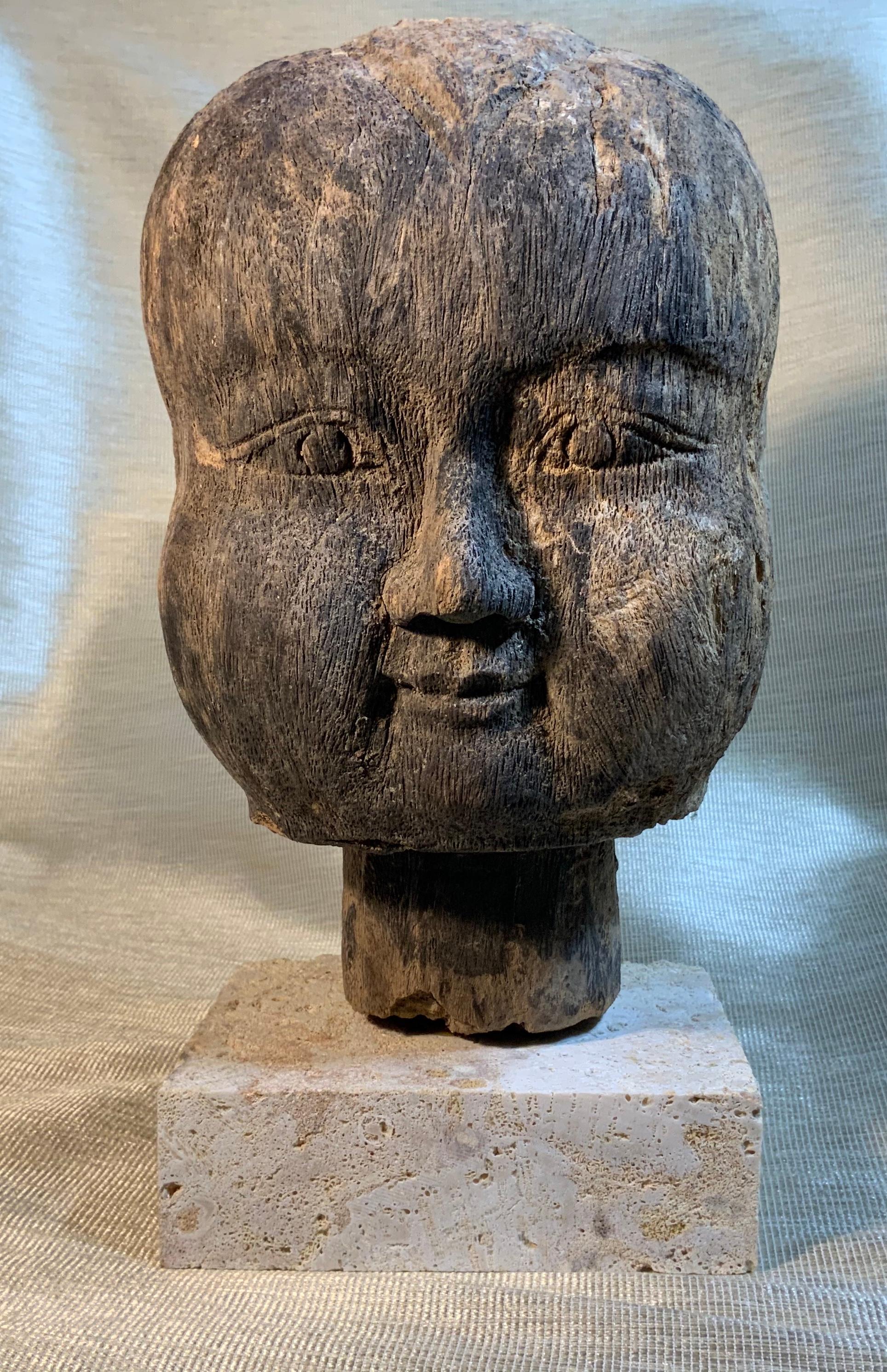 19th Century Hand Carved Wood Baby Monk Face 7