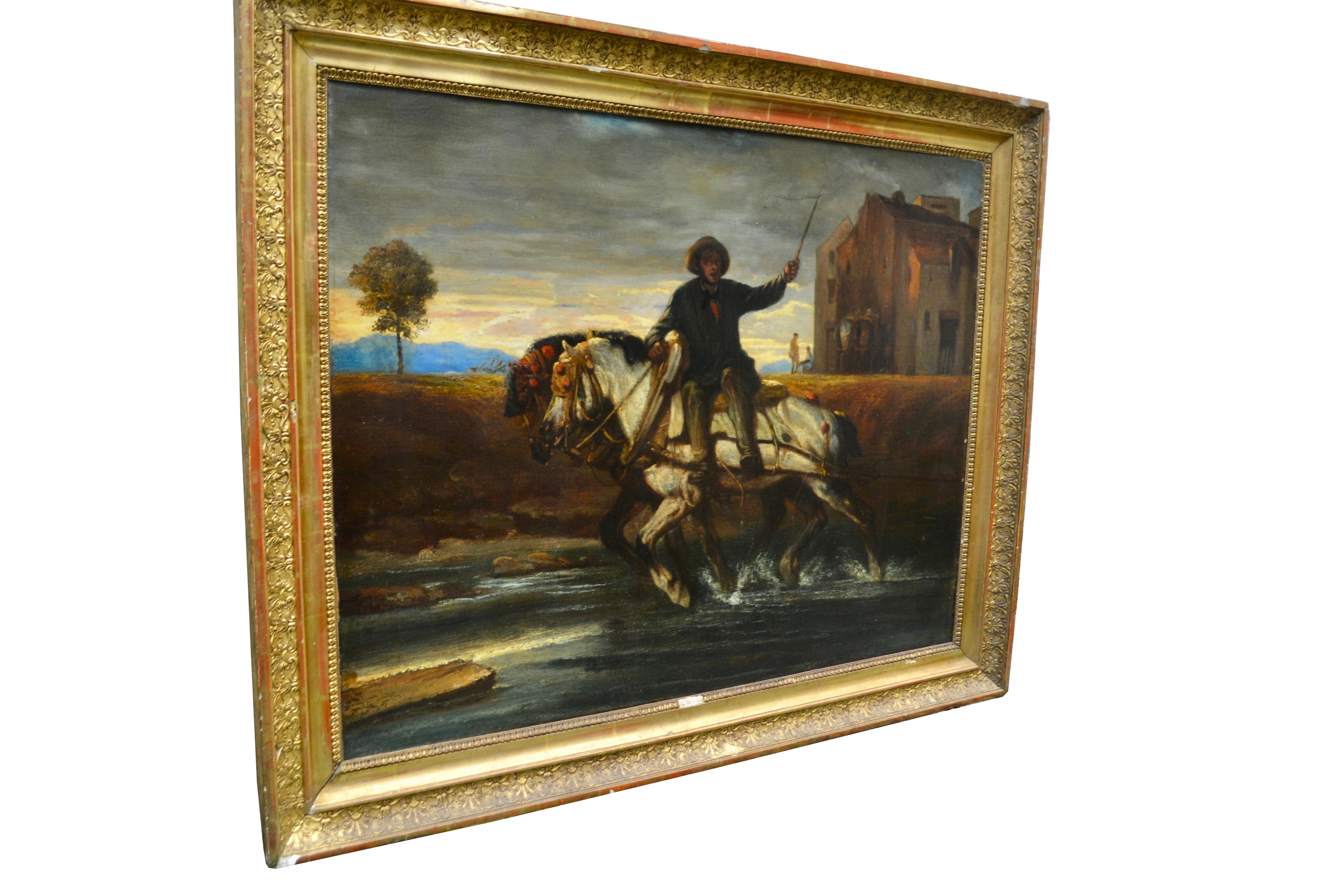 A farming scene depicting a man sitting side-saddle on his white horse with a riding crop in his left hand. There are actually two horses (he sitting on one) and likely they are pulling a cart through a river stream. The rather dark foreground is