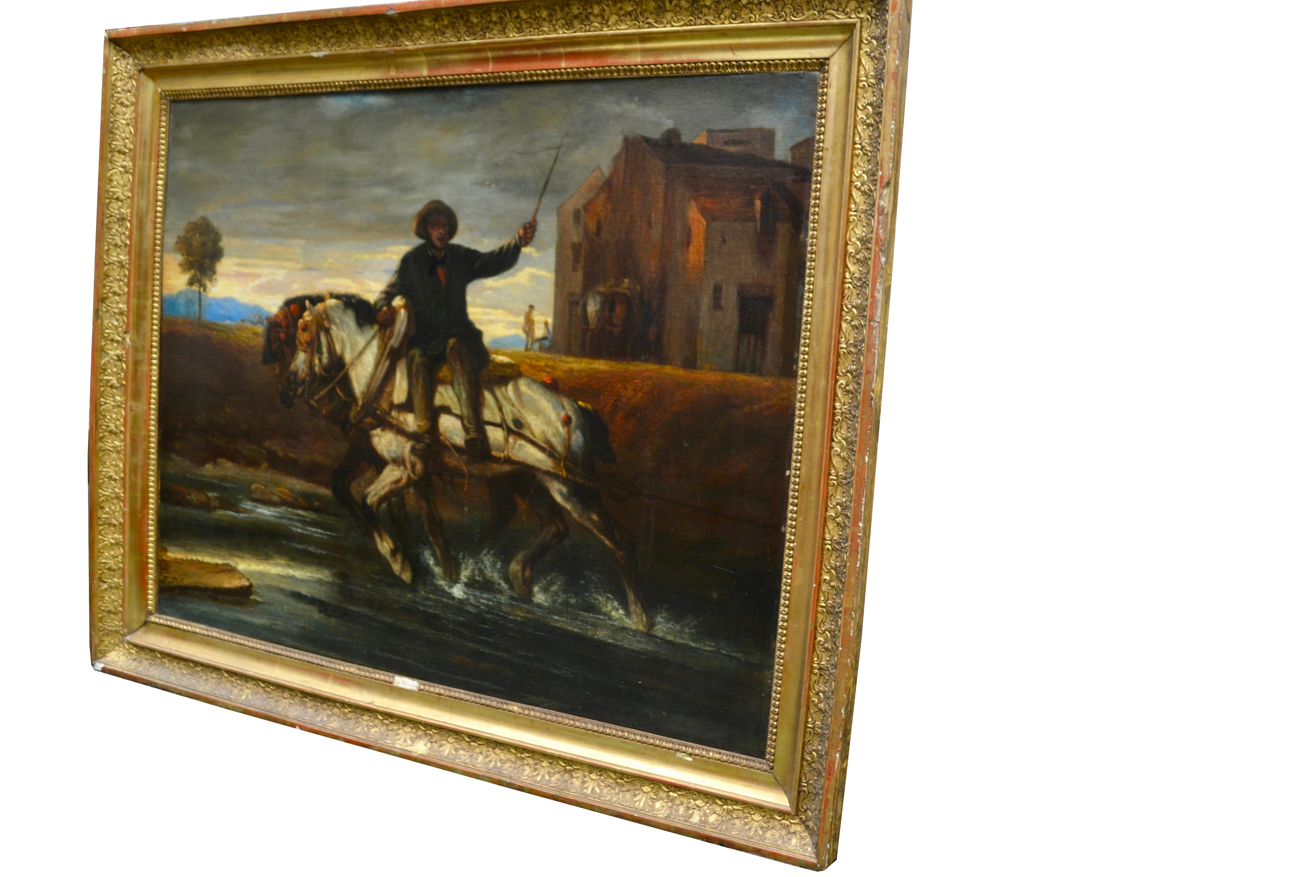 Impressionistische Bauernhofsszene mit zwei Pferden aus dem 19. Jahrhundert (Sonstiges) im Angebot