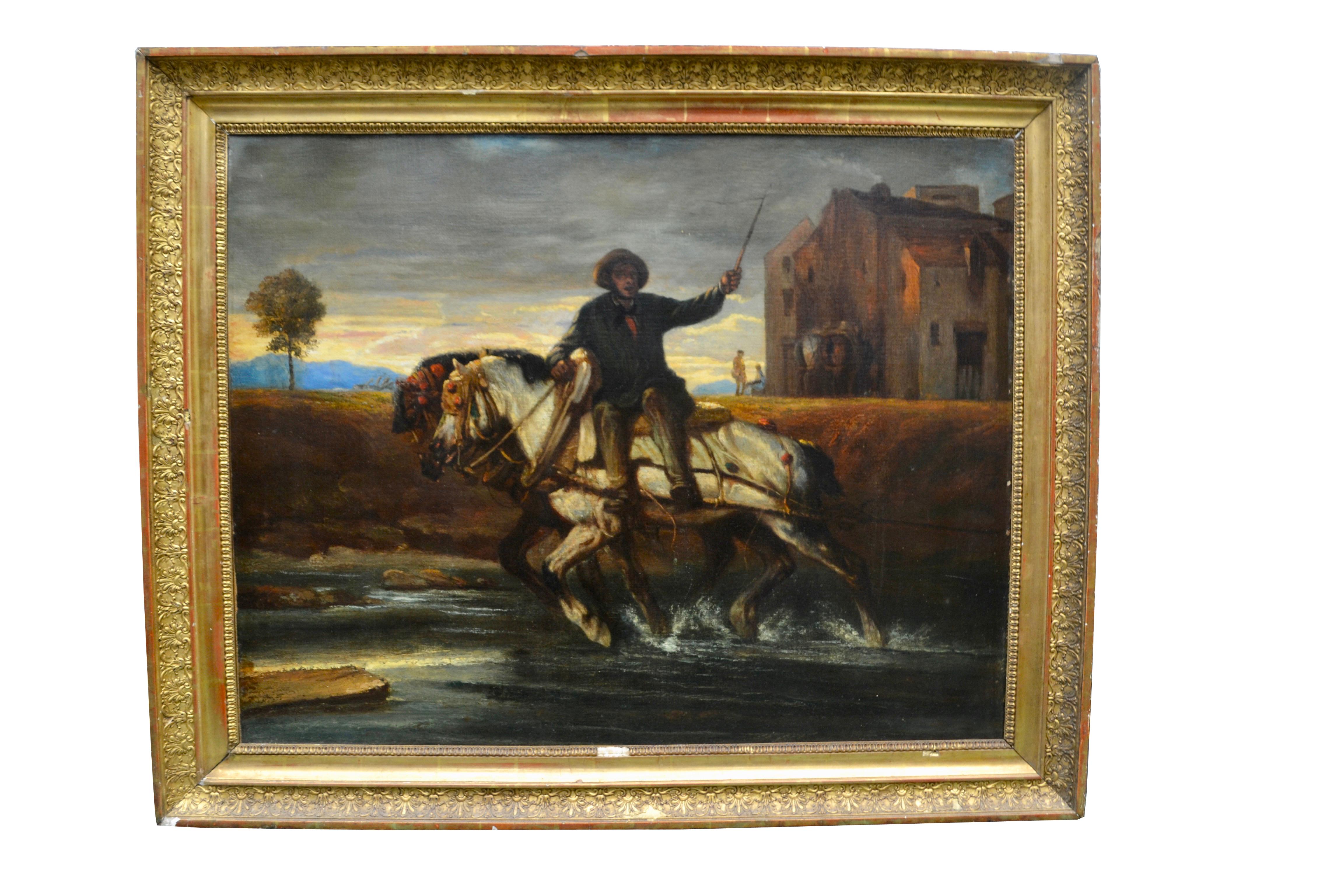 Impressionistische Bauernhofsszene mit zwei Pferden aus dem 19. Jahrhundert (Französisch) im Angebot